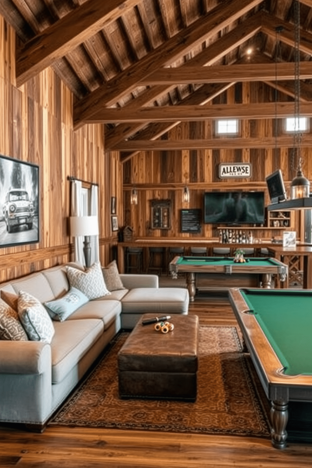 A comfortable sectional sofa is positioned in a cozy corner, adorned with plush throw pillows in various textures. The surrounding walls are lined with rustic wood paneling, and a large area rug anchors the seating area, adding warmth and inviting comfort. The barn man cave features exposed beams and vintage decor, with a pool table and a bar area made of reclaimed wood. Soft, ambient lighting creates a relaxed atmosphere, while a mounted flat-screen TV is perfect for watching games with friends.