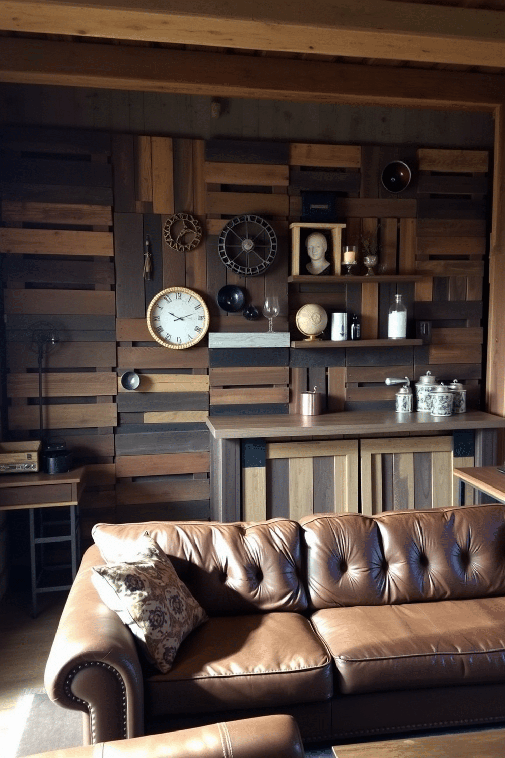 A creative wall art installation made from wooden pallets, featuring a mix of rustic and contemporary designs. The pallets are arranged in an eye-catching pattern, with varying shades of brown and a few pops of color from decorative elements. A cozy barn man cave designed with reclaimed wood accents and vintage decor. The space includes a comfortable leather sofa, a rustic bar made from old barn doors, and ambient lighting that creates a warm, inviting atmosphere.