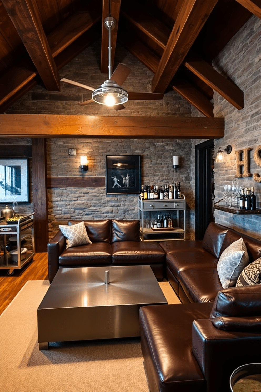 A sleek man cave featuring rich wooden beams and rustic stone walls creates a warm atmosphere. Metallic accents, such as a brushed steel coffee table and chrome light fixtures, add a modern touch to the cozy space. The room is anchored by a large leather sectional sofa in deep brown, complemented by plush throw pillows. A vintage bar cart with metallic finishes sits against one wall, stocked with an array of spirits and glassware, enhancing the inviting vibe.