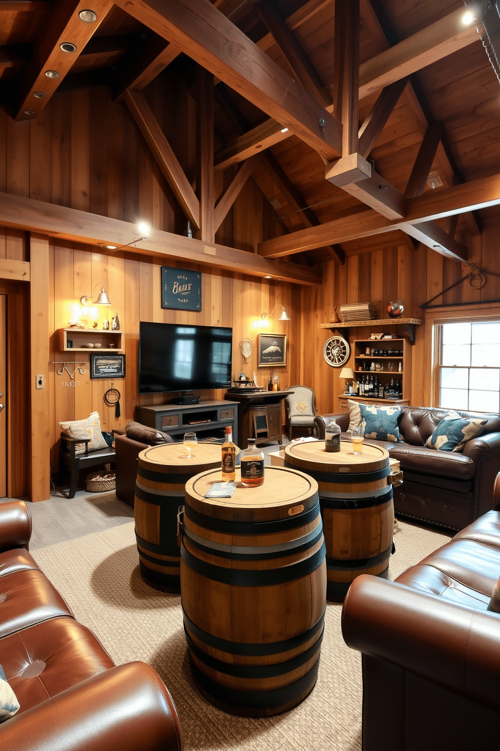 A cozy barn man cave featuring whiskey barrel tables adds rustic charm to the space. The room is filled with warm wood tones, exposed beams, and comfortable leather seating, creating an inviting atmosphere for relaxation and entertainment. The whiskey barrel tables serve as unique focal points, surrounded by vintage decor and memorabilia. Soft lighting enhances the rustic vibe, while a large flat-screen TV and a mini bar complete the perfect man cave experience.