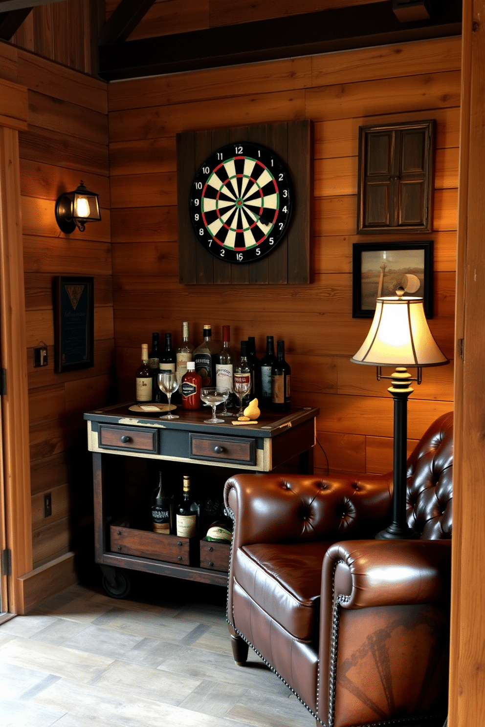 A cozy dartboard area adorned with vintage decor. The walls are lined with rustic wood paneling, and a classic dartboard is mounted above a weathered bar cart filled with assorted spirits and glassware. In the corner, an antique leather armchair invites relaxation, complemented by a small side table made from reclaimed wood. Soft, ambient lighting from a vintage-style lamp casts a warm glow, enhancing the nostalgic atmosphere of this barn man cave.