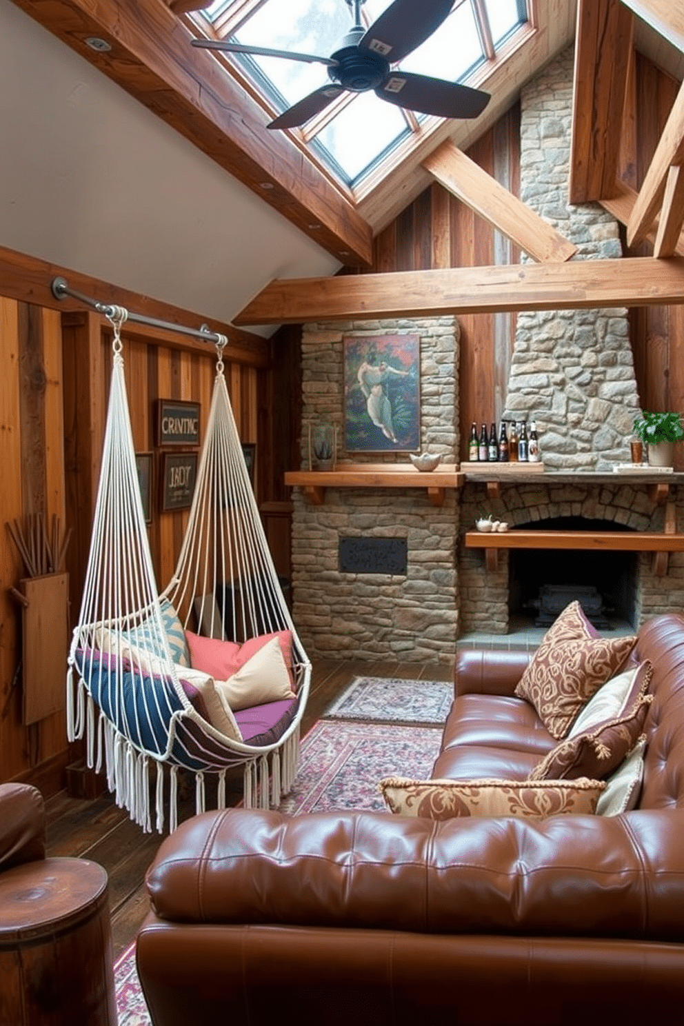 A cozy corner featuring a hammock chair suspended from a rustic wooden beam. The chair is adorned with soft, colorful cushions, inviting relaxation and comfort. A barn man cave designed with reclaimed wood walls and vintage decor elements. A large leather sofa faces a stone fireplace, while a wooden bar area stocked with craft beers adds a touch of personality.