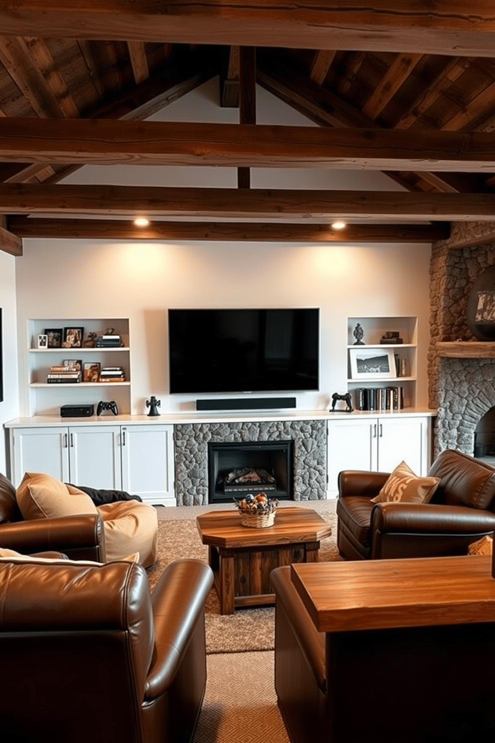 A stylish game console setup features a sleek entertainment unit with a large flat-screen TV mounted on the wall. Surrounding the unit is a cozy seating arrangement with plush, oversized sofas and bean bags, creating an inviting atmosphere for gaming sessions. For the barn man cave design, envision rustic wooden beams and a stone fireplace as the focal points of the space. The room is furnished with leather recliners and a handcrafted wooden bar, complemented by vintage decor and warm lighting to enhance the cozy ambiance.