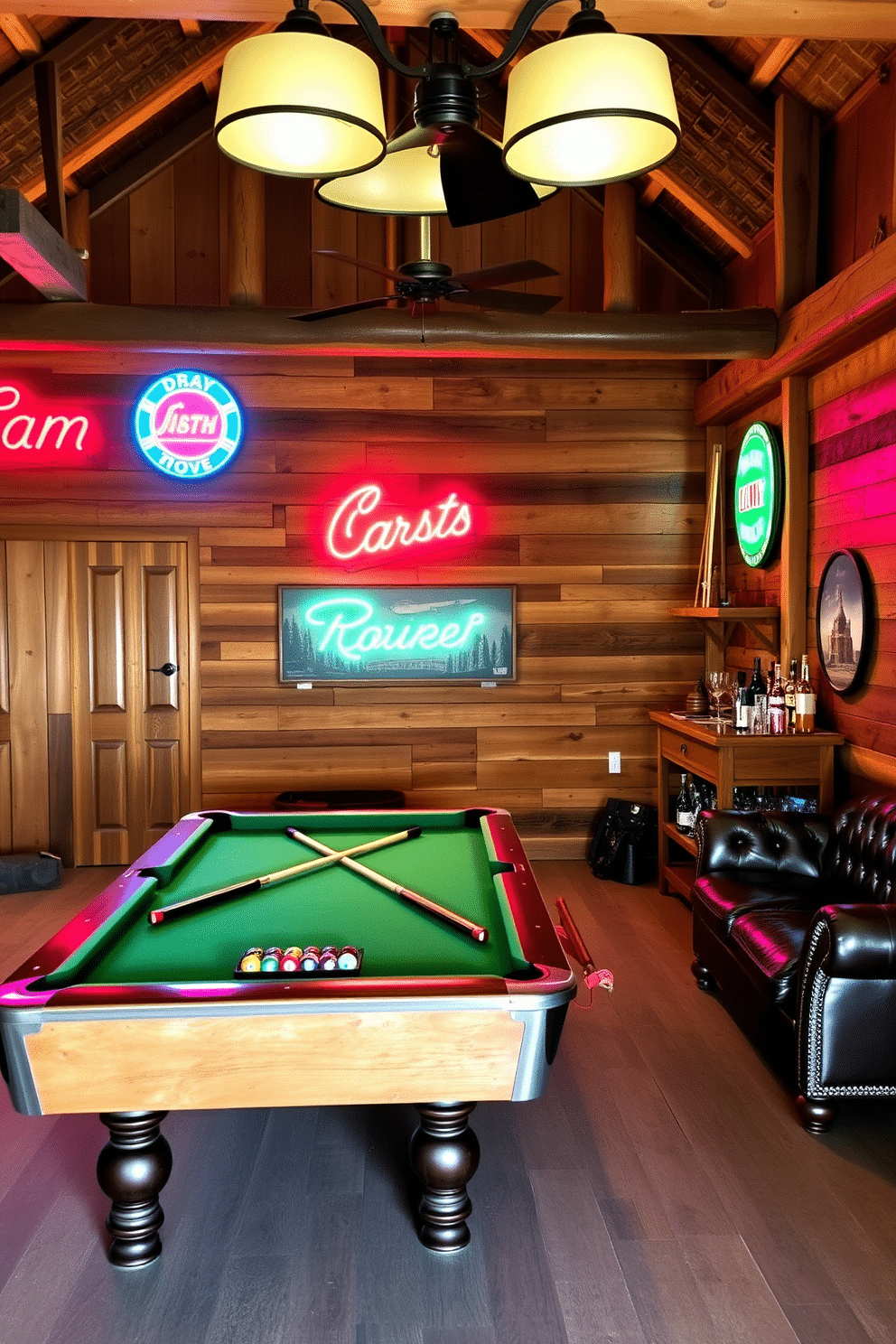 A vintage pool table sits in the center of a rustic barn man cave, surrounded by reclaimed wood walls and exposed beams. Neon signs in vibrant colors illuminate the space, adding a playful contrast to the warm tones of the wood and the rich green of the felt on the table. A plush leather sofa is arranged nearby, inviting relaxation after a game. A wooden bar cart stocked with drinks and vintage glassware enhances the atmosphere, making it a perfect spot for entertaining friends.