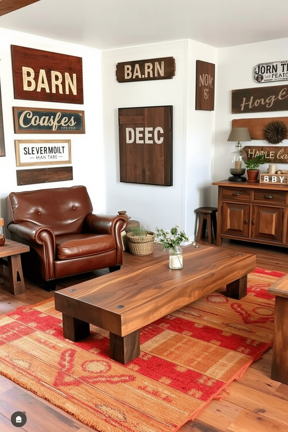 A rustic rug with warm earth tones lies at the center of the room, adding texture and comfort to the space. Surrounding the rug, a combination of reclaimed wood furniture and vintage decor pieces creates an inviting and cozy atmosphere. In the corner, a leather armchair complements a handcrafted wooden coffee table, perfect for casual gatherings. The walls are adorned with vintage signs and rustic artwork, enhancing the barn man cave aesthetic while maintaining a laid-back charm.