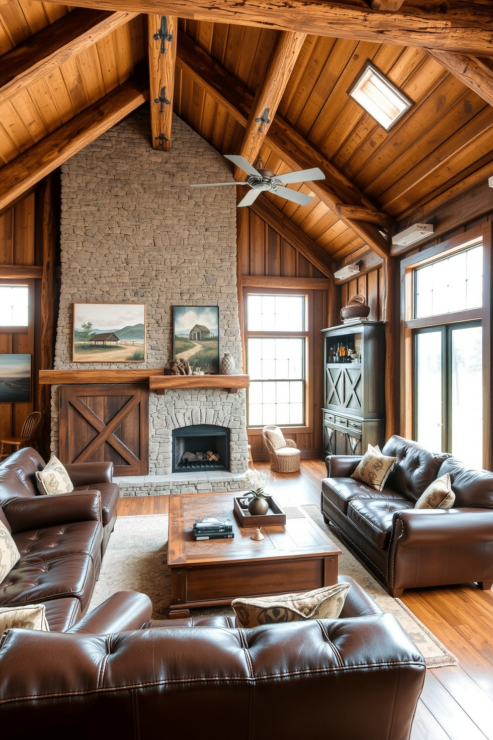 A rustic barn man cave designed with reclaimed wood beams and a stone fireplace as the focal point. The space features comfortable leather seating arranged around a vintage coffee table, with local landscape artwork adorning the walls. Natural light pours in through large windows, highlighting the warm tones of the wood and the earthy color palette. A custom bar area made from a weathered barn door adds a unique touch, complemented by rustic bar stools and shelves displaying local farm-inspired decor.