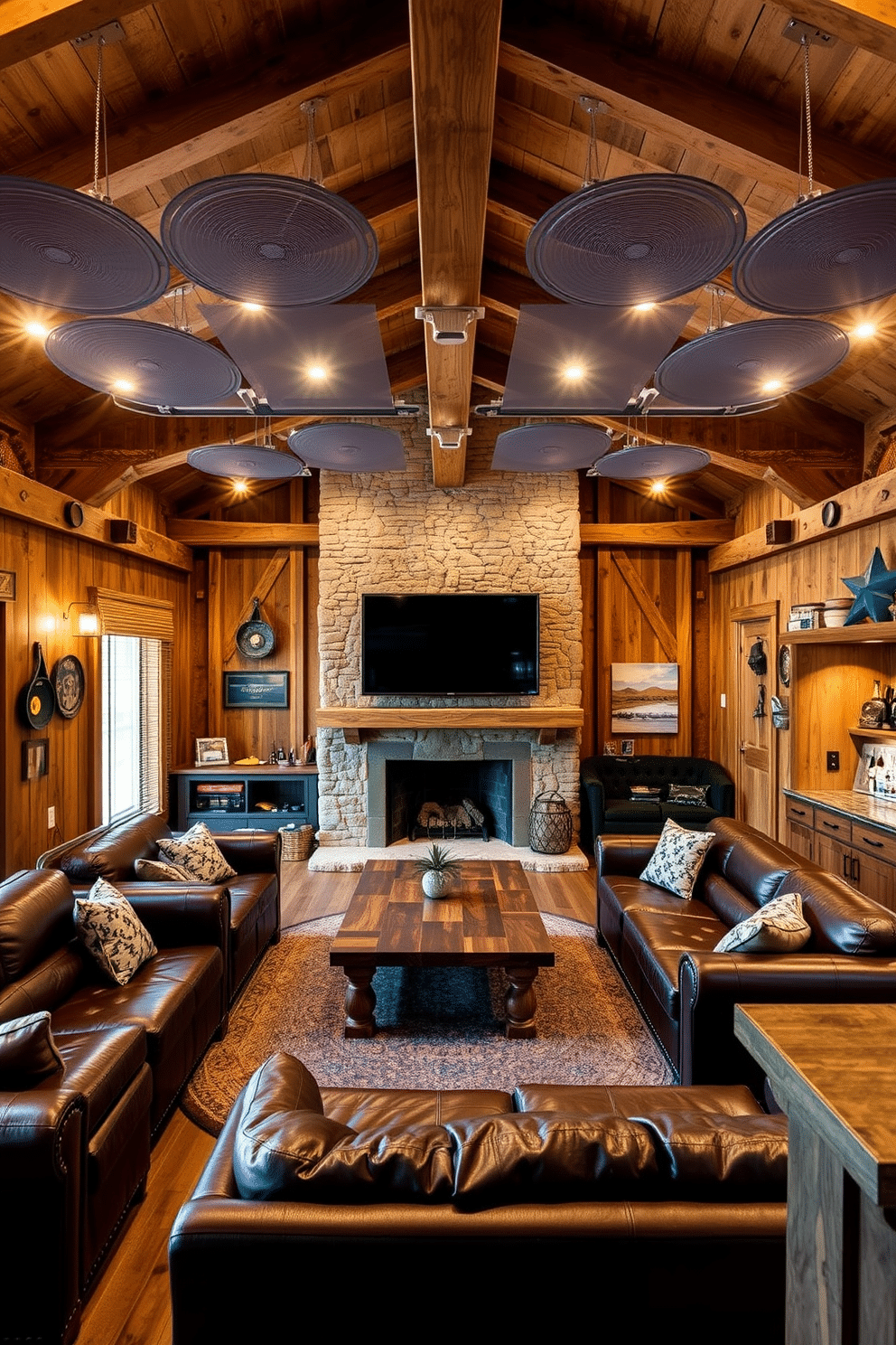 A stylish barn man cave featuring a state-of-the-art sound system seamlessly integrated into the wooden beams of the ceiling. The space includes plush leather seating arranged around a rustic coffee table, with warm lighting creating an inviting atmosphere. On one side, a large flat-screen TV is mounted above a stone fireplace, enhancing the entertainment experience. The walls are adorned with vintage memorabilia and barn-style decor, while a custom wet bar with reclaimed wood accents adds functionality and charm.