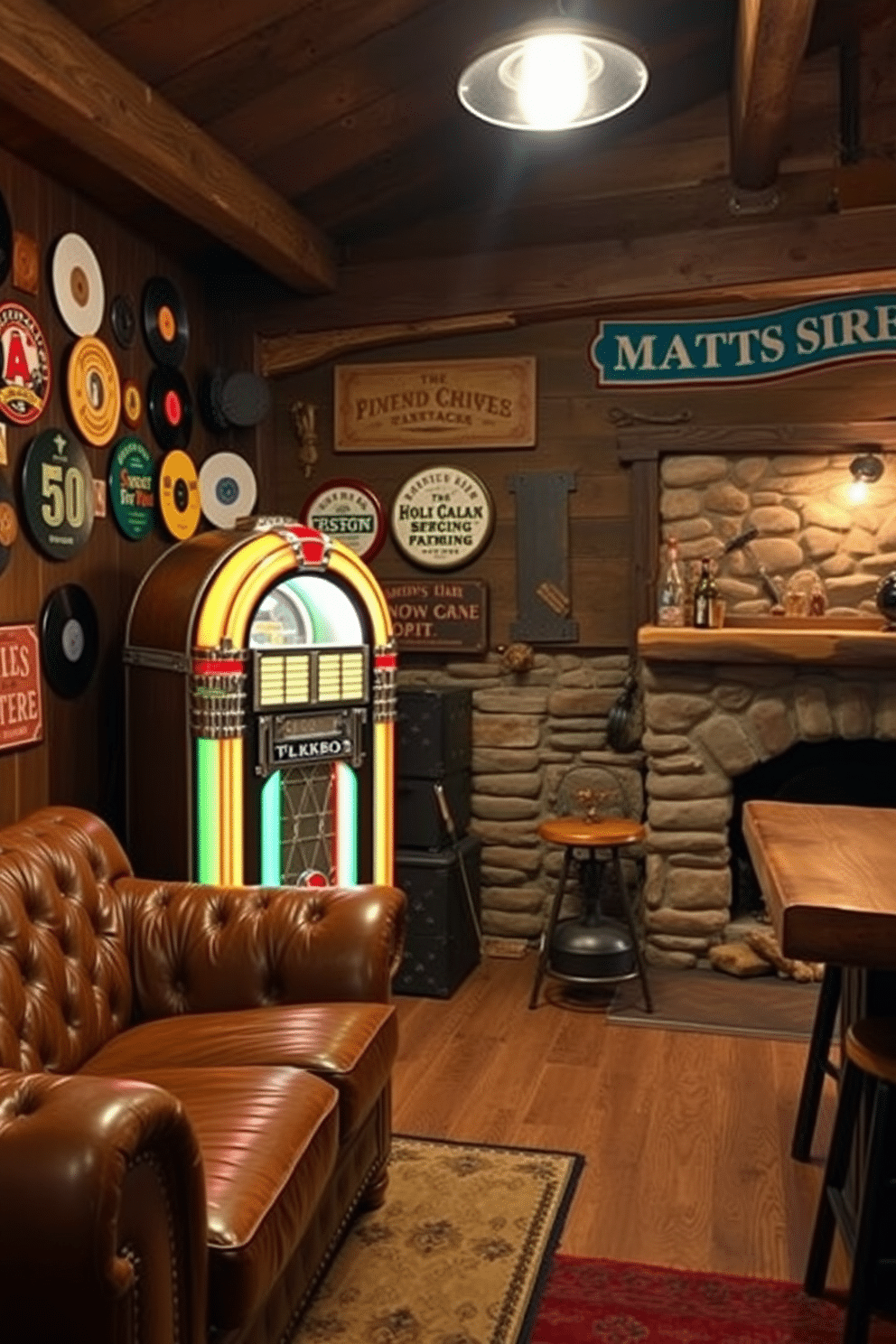 A vintage jukebox stands proudly in the corner of a cozy room, its colorful lights illuminating the space. The walls are adorned with classic vinyl records, and a plush leather sofa invites guests to relax and enjoy the music. The barn man cave features rustic wooden beams and a stone fireplace, creating a warm and inviting atmosphere. Vintage signs and memorabilia decorate the walls, while a handcrafted bar made from reclaimed wood offers a perfect spot for entertaining friends.