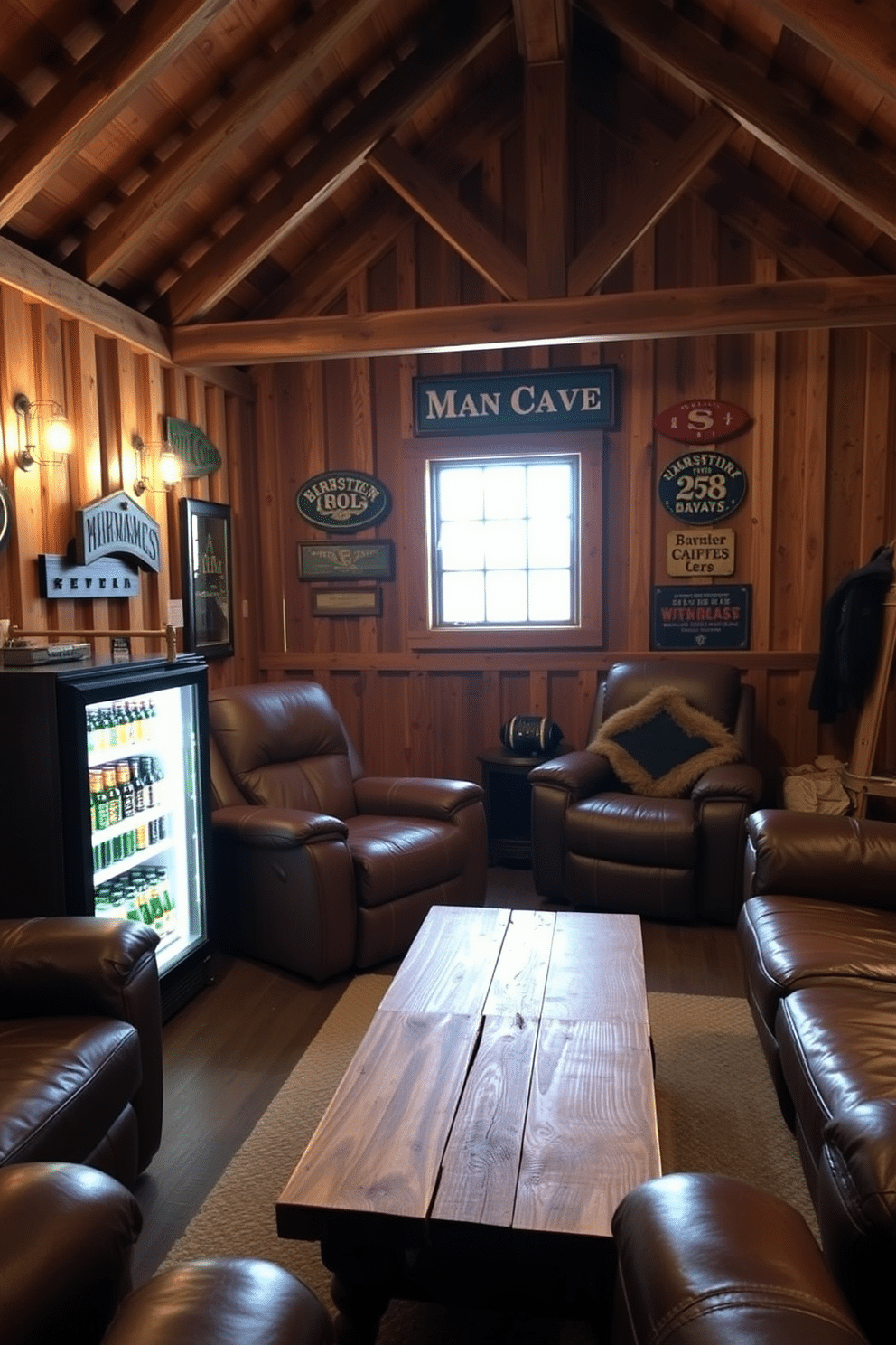 A cozy barn man cave featuring a mini fridge stocked with a variety of beverages. The space is adorned with rustic wooden beams and warm ambient lighting, creating an inviting atmosphere for relaxation and entertainment. The walls are decorated with vintage signs and sports memorabilia, enhancing the masculine charm of the room. Plush seating arrangements, including leather recliners and a reclaimed wood coffee table, provide comfort for gatherings with friends.