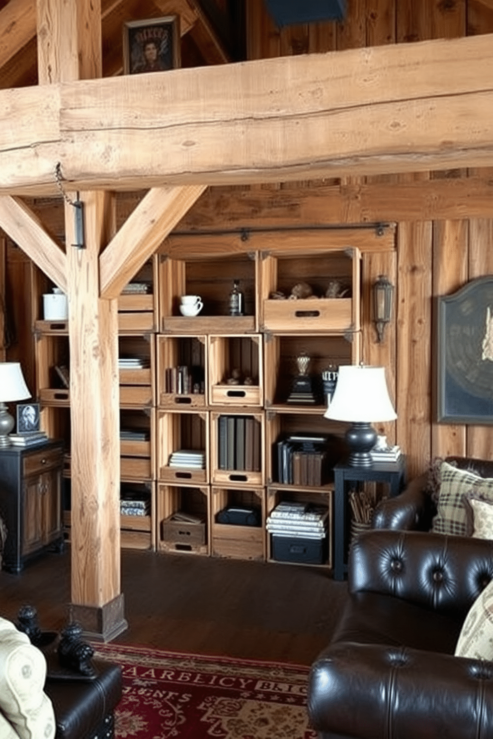 A rustic barn man cave featuring wooden crates creatively used for unique storage options. The space is adorned with reclaimed wood accents, comfortable leather seating, and vintage decor elements that enhance the cozy atmosphere.