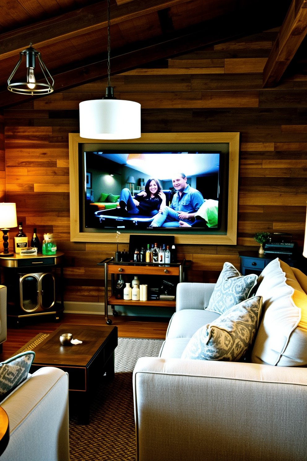 A cozy man cave designed for movie nights features a wall-mounted TV as the focal point, surrounded by plush seating that invites relaxation. The walls are adorned with rustic wood paneling, while a vintage bar cart stocked with drinks adds a touch of charm to the space. Incorporate a mix of industrial and farmhouse elements, such as exposed beams and metal accents, to create a warm yet stylish atmosphere. Soft lighting from pendant fixtures and table lamps enhances the inviting vibe, making it the perfect retreat for entertainment and leisure.