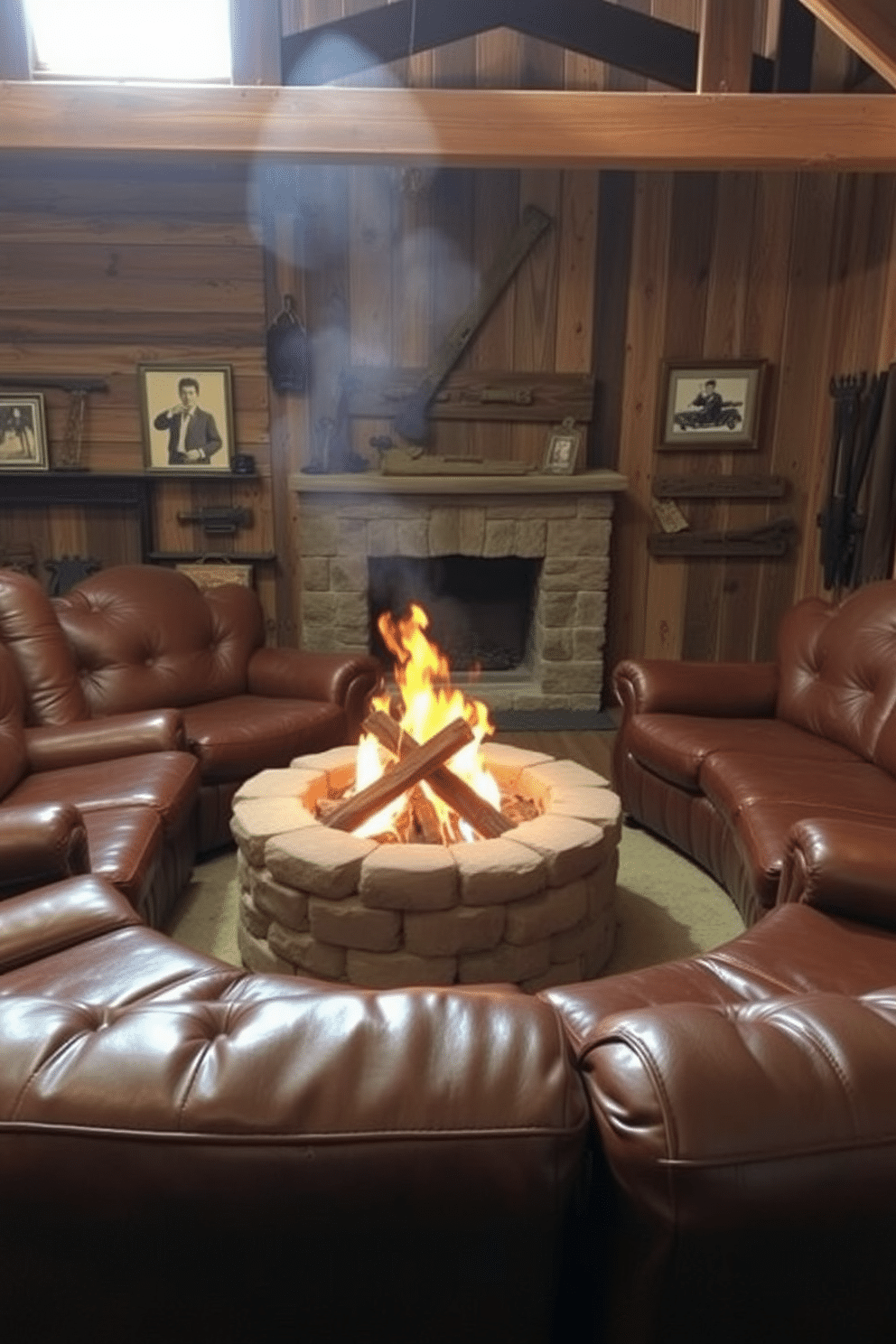 A cozy leather seating arrangement surrounds a rustic firepit, creating an inviting atmosphere for gatherings. The warm glow of the flames reflects off the rich textures of the leather, enhancing the comfort of this barn-inspired man cave. The walls are adorned with reclaimed wood, adding character and a sense of authenticity to the space. Vintage decor elements, such as old tools and framed photographs, complement the overall theme, making it a perfect retreat for relaxation and entertainment.