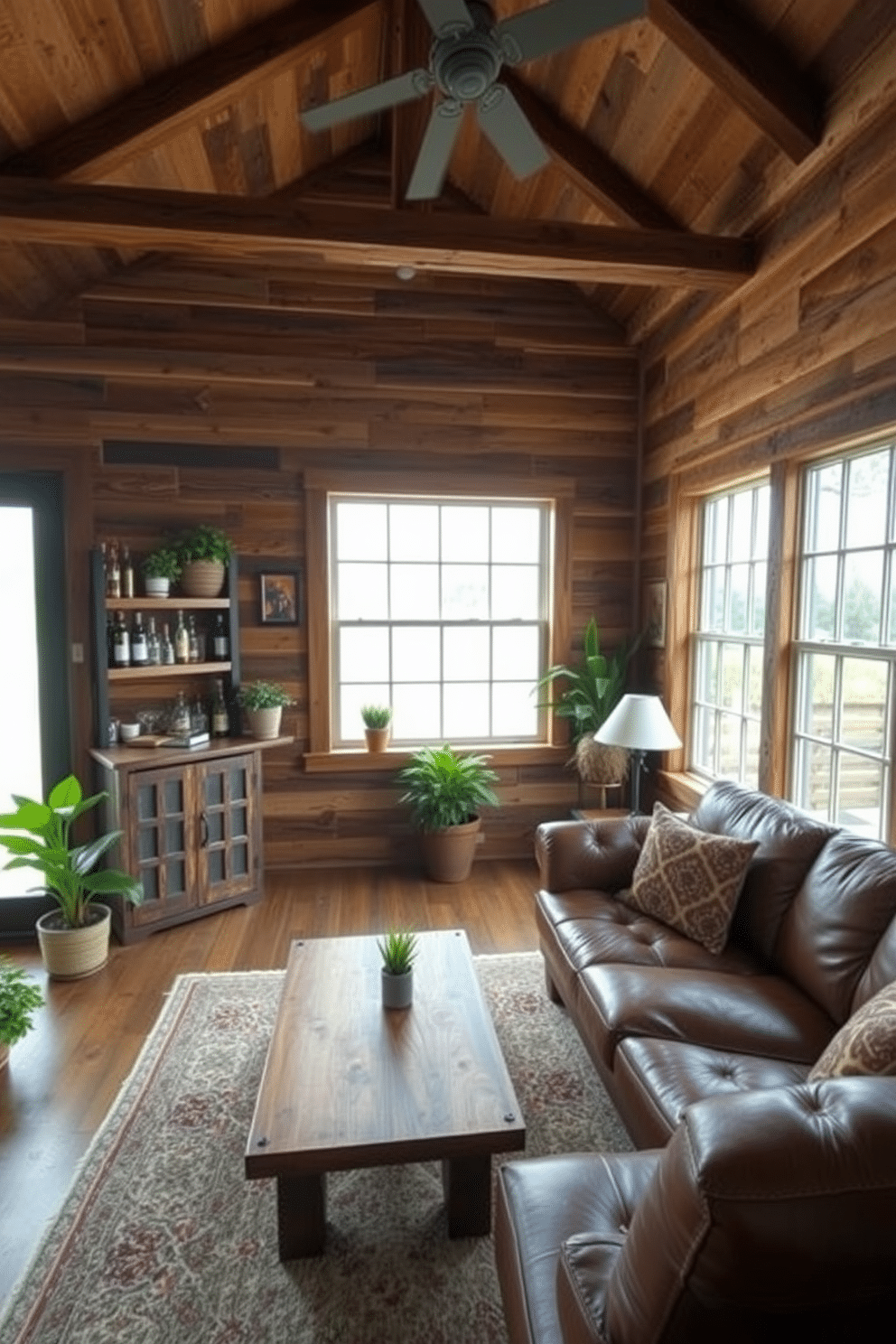 A cozy barn man cave designed for relaxation and entertainment. The space features reclaimed wood walls, a plush leather sofa, and a rustic coffee table made from a barn door. In one corner, a mini bar with wooden shelves displays an assortment of spirits and glassware. Large windows let in natural light, and potted plants add a touch of greenery throughout the room.