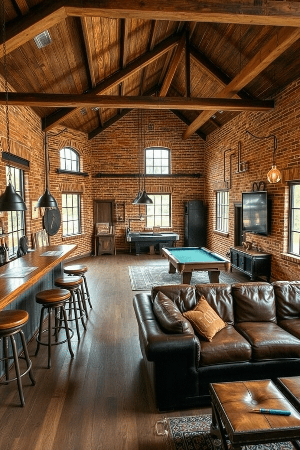 A cozy barn man cave featuring exposed brick walls that add industrial charm and warmth to the space. The room includes a rustic wooden bar with high stools, a large leather sectional sofa, and vintage decor elements that enhance the inviting atmosphere. In one corner, a pool table is surrounded by dim pendant lighting, creating a perfect spot for entertainment. Large windows allow natural light to flood the space, highlighting the rich textures of the reclaimed wood and metal accents throughout the room.