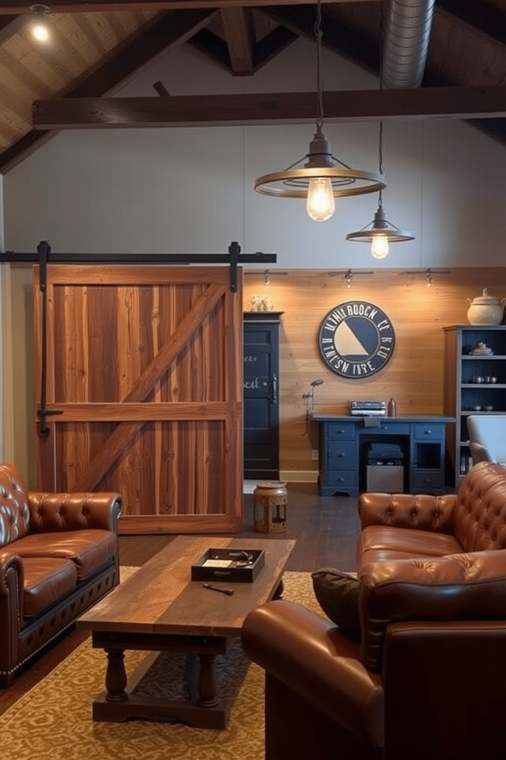 A rustic barn door serves as a stylish room divider, adding character and warmth to the space. The wood grain is rich and deep, showcasing the natural beauty of the material while providing a functional separation between areas. The barn man cave features a cozy seating area with leather sofas and a reclaimed wood coffee table. Industrial lighting fixtures hang from the ceiling, illuminating the space and highlighting the vintage decor elements throughout the room.