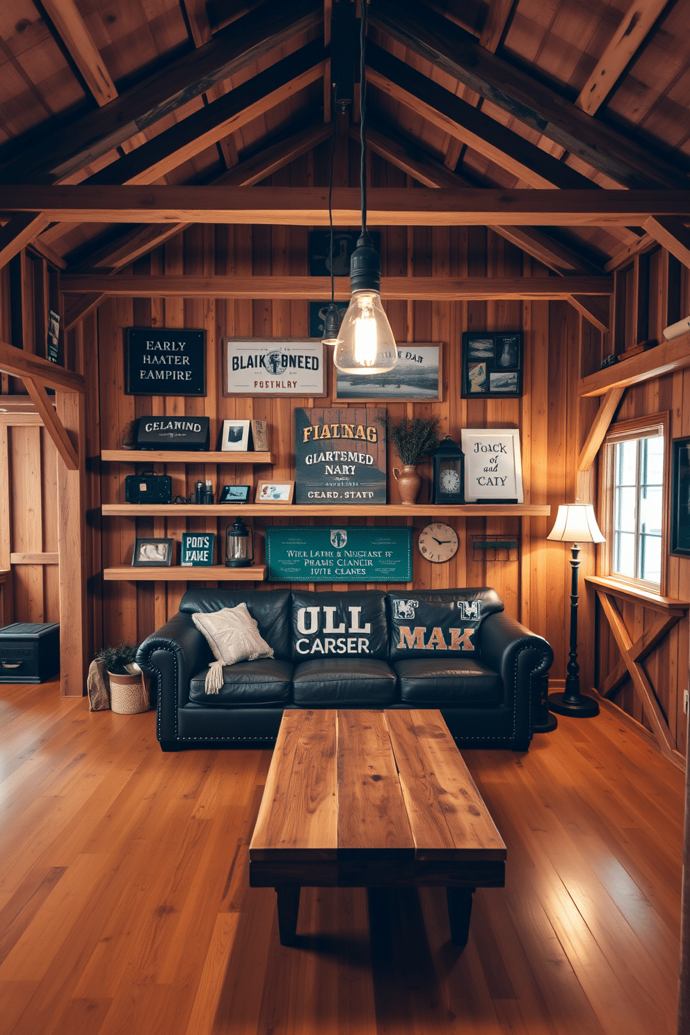 A rustic barn man cave featuring reclaimed wood shelves adorned with various decor items, including vintage signs and rustic lanterns. The walls are finished with exposed wooden beams, and the floor is a warm, polished hardwood that complements the natural elements. The seating area includes a comfortable leather sofa and a handcrafted coffee table made from reclaimed wood. Ambient lighting is provided by industrial-style pendant lights hanging from the ceiling, creating a cozy atmosphere perfect for relaxation and entertainment.