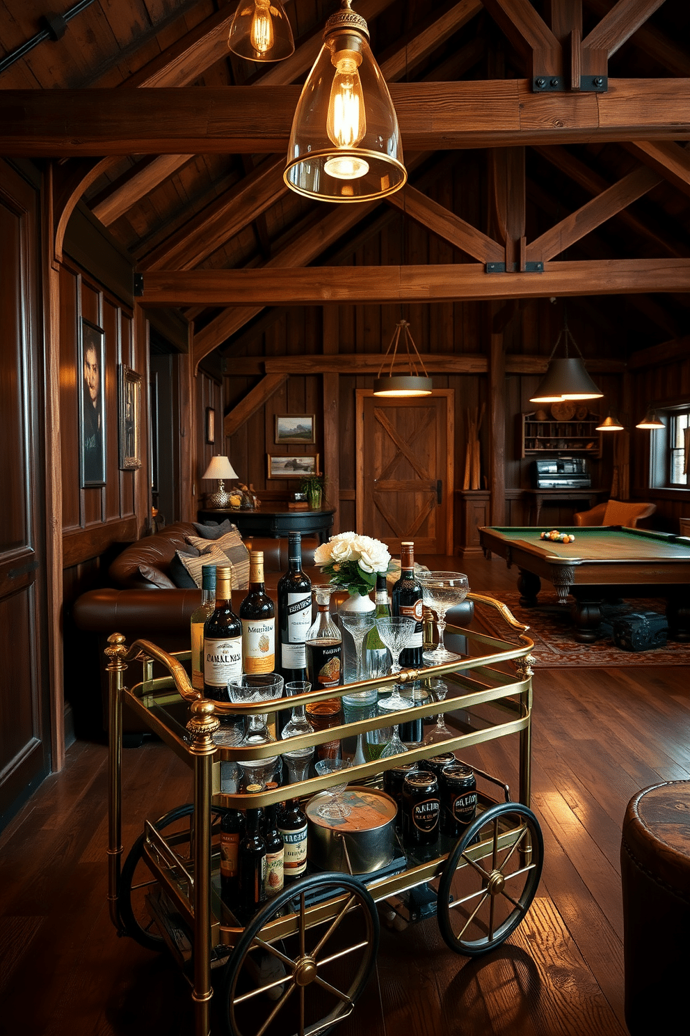 A vintage bar cart made of polished brass and dark wood, featuring a glass top and intricate detailing. It's adorned with an assortment of colorful liquor bottles, crystal glasses, and a small vase of fresh flowers, set against a backdrop of rich, dark wood paneling. A cozy barn man cave with exposed wooden beams and rustic furnishings. The space includes a large leather sofa, a reclaimed wood coffee table, and a vintage pool table, all illuminated by warm pendant lights hanging from the ceiling.