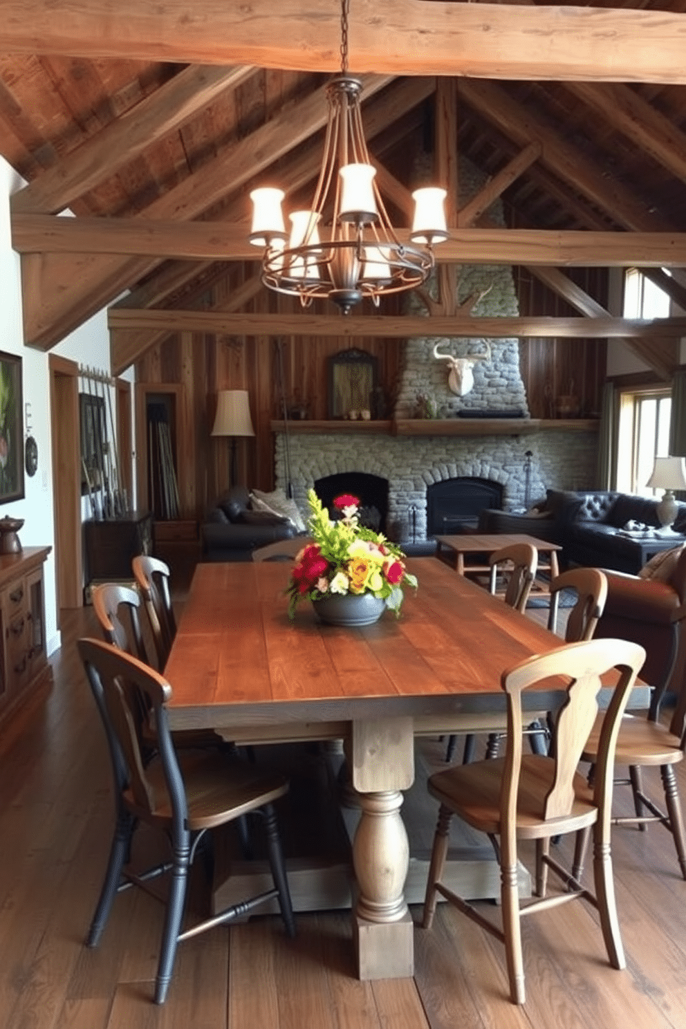 A rustic farmhouse table made of reclaimed wood, surrounded by mismatched vintage chairs, sets the stage for lively game nights. Soft, warm lighting hangs overhead, creating an inviting atmosphere, while a large centerpiece of seasonal flowers adds a touch of charm. The barn man cave features exposed wooden beams and a stone fireplace, providing a cozy retreat for relaxation and entertainment. Leather sofas are arranged around a vintage coffee table, and rustic decor elements like old fishing rods and mounted antlers adorn the walls, enhancing the masculine vibe.