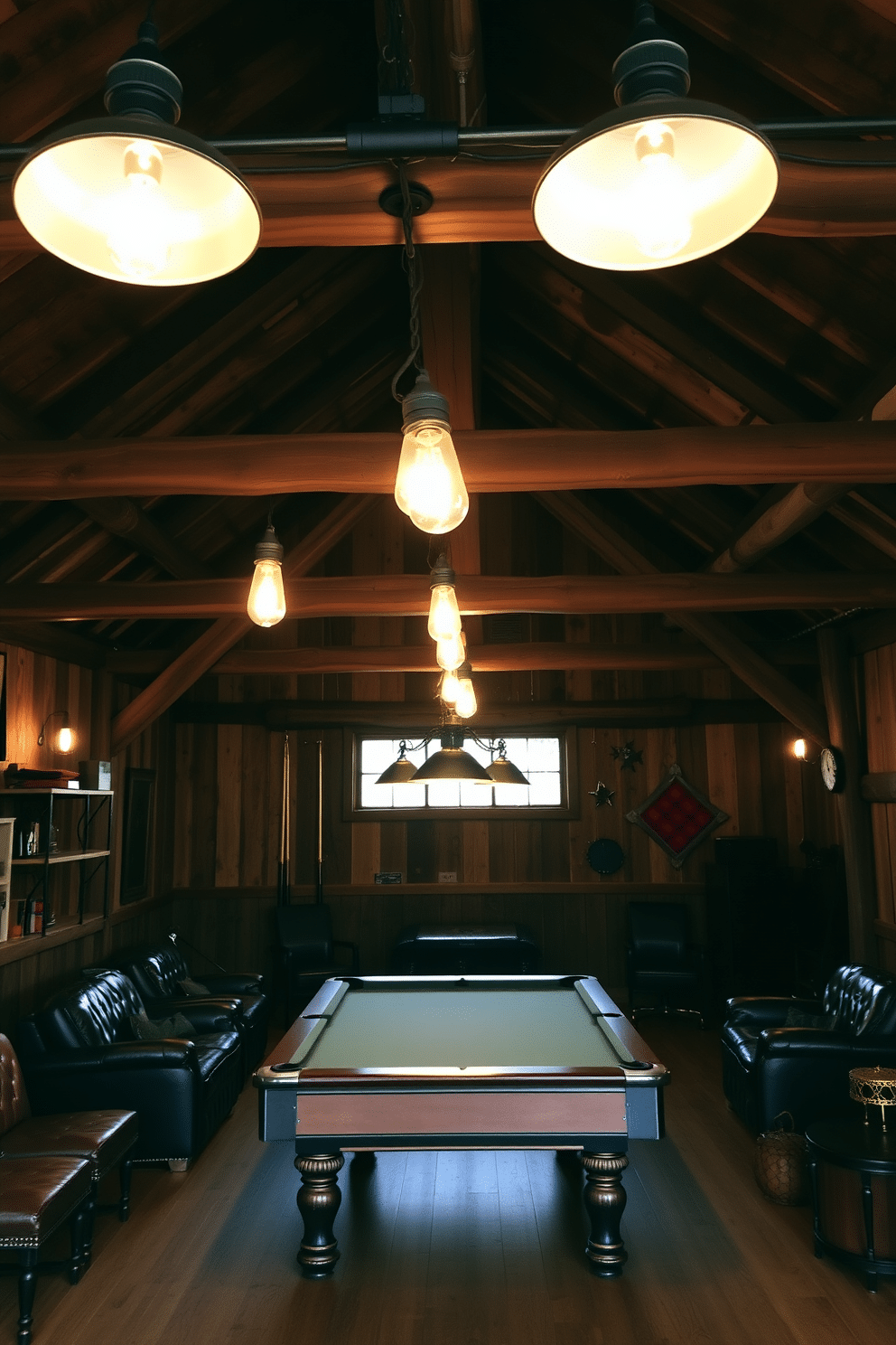 A cozy barn man cave featuring rustic lighting fixtures with Edison bulbs hanging from exposed wooden beams. The space is adorned with reclaimed wood accents, leather seating, and a vintage pool table, creating an inviting atmosphere for relaxation and entertainment.