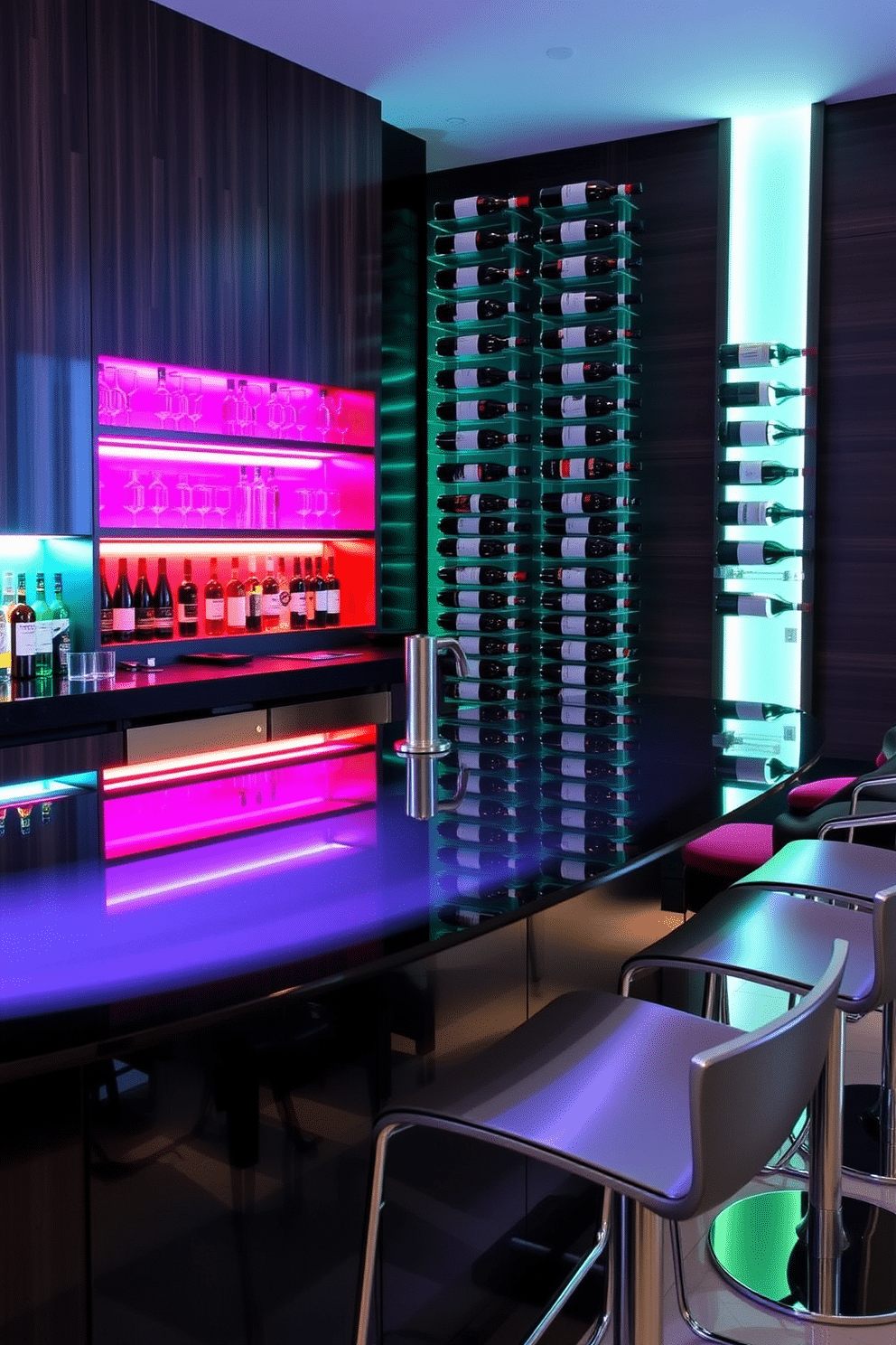 A sleek modern bar with LED lighting features a polished black countertop that reflects the vibrant colors of the illuminated shelves behind it. Elegant bar stools with chrome accents line the counter, while a wall-mounted wine rack displays an array of bottles against a backdrop of dark wood paneling.