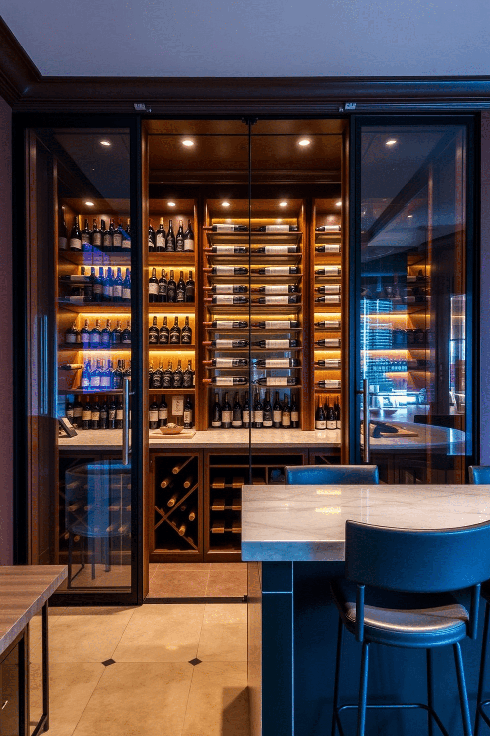 A luxurious wine cellar bar featuring elegant glass doors that showcase an impressive collection of fine wines. The interior is adorned with rich wooden shelving, ambient lighting, and a sleek marble countertop that invites guests to enjoy a tasting experience. In the basement, the bar area is designed with a modern aesthetic, incorporating stylish bar stools and a custom-built wine rack. The walls are painted in deep, warm tones, creating an inviting atmosphere perfect for entertaining.