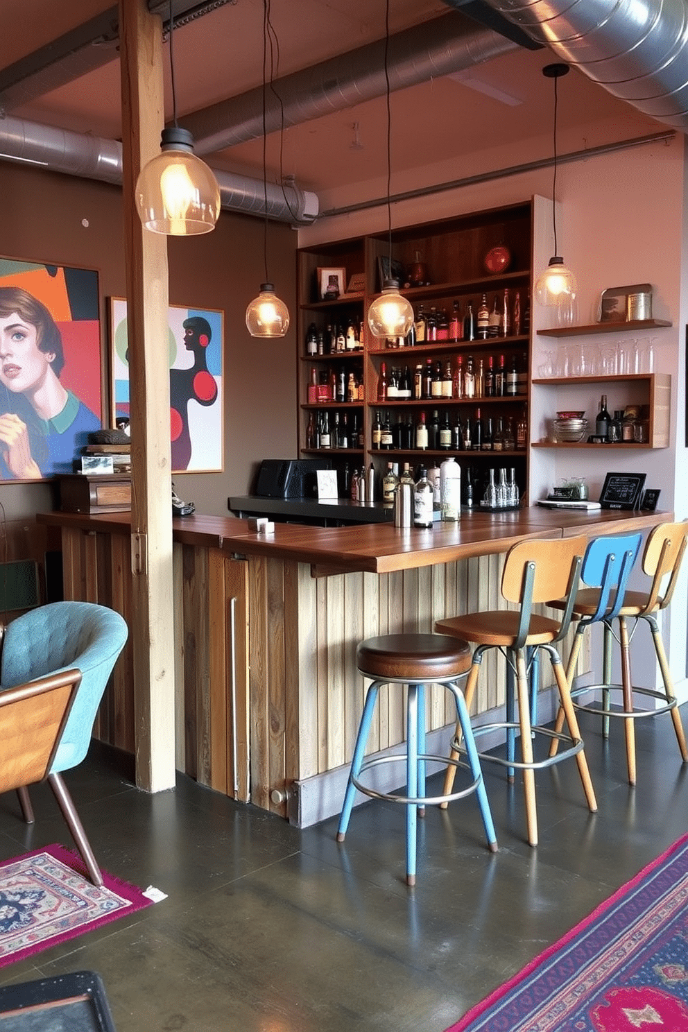 An eclectic bar setting featuring a mix of vintage and contemporary furniture styles. A reclaimed wood bar counter stands against a wall adorned with colorful artwork, while mismatched bar stools invite guests to sit and enjoy. The flooring is a combination of polished concrete and patterned rugs, adding warmth and texture to the space. Ambient lighting from pendant fixtures creates a cozy atmosphere, complemented by decorative shelves displaying an array of spirits and glassware.