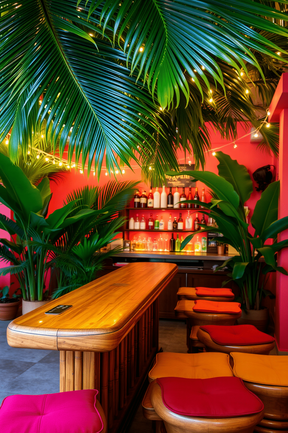 A vibrant tropical bar setting adorned with lush palm leaf decor. The bar features a polished bamboo countertop, surrounded by high stools with colorful cushions, creating a lively and inviting atmosphere. In the background, tropical plants and fairy lights create a warm ambiance. The walls are painted in a soft coral hue, and a selection of exotic cocktails is displayed on the shelves behind the bar.