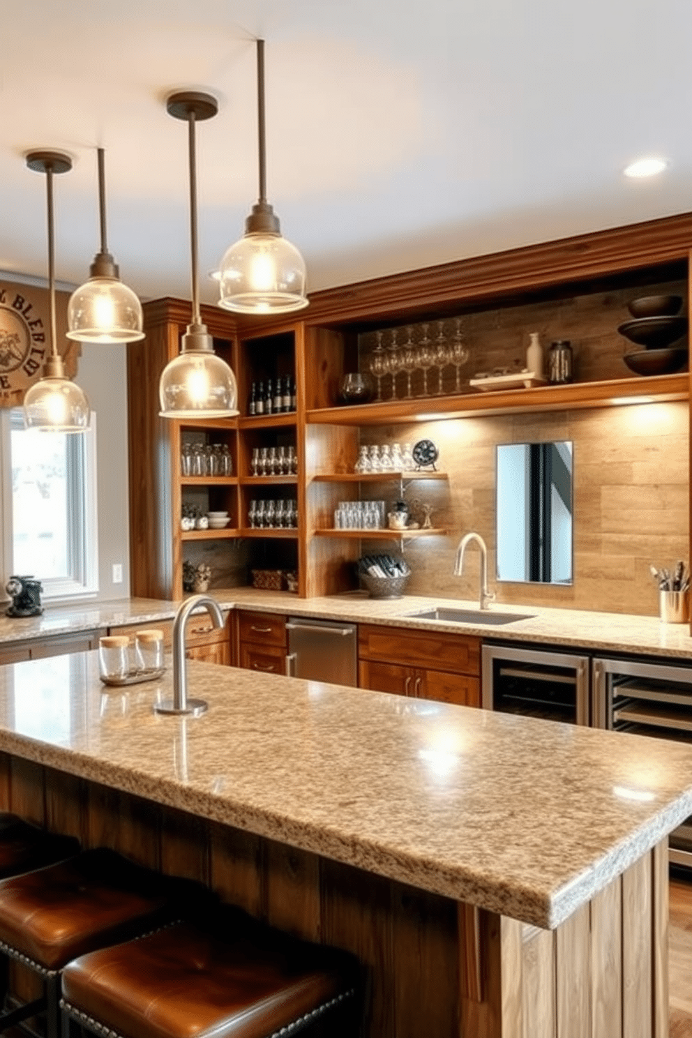 A modern farmhouse bar features reclaimed wood cabinetry with a distressed finish and a large, inviting island topped with a polished granite surface. Above the island, three stylish pendant lights hang, casting a warm glow over the space, while open shelving displays an array of rustic glassware and decorative accents. The basement bar is designed for entertainment, with a cozy seating area featuring plush leather stools and a built-in wine cooler. Soft, ambient lighting complements the earthy tones of the decor, creating an inviting atmosphere perfect for gatherings.