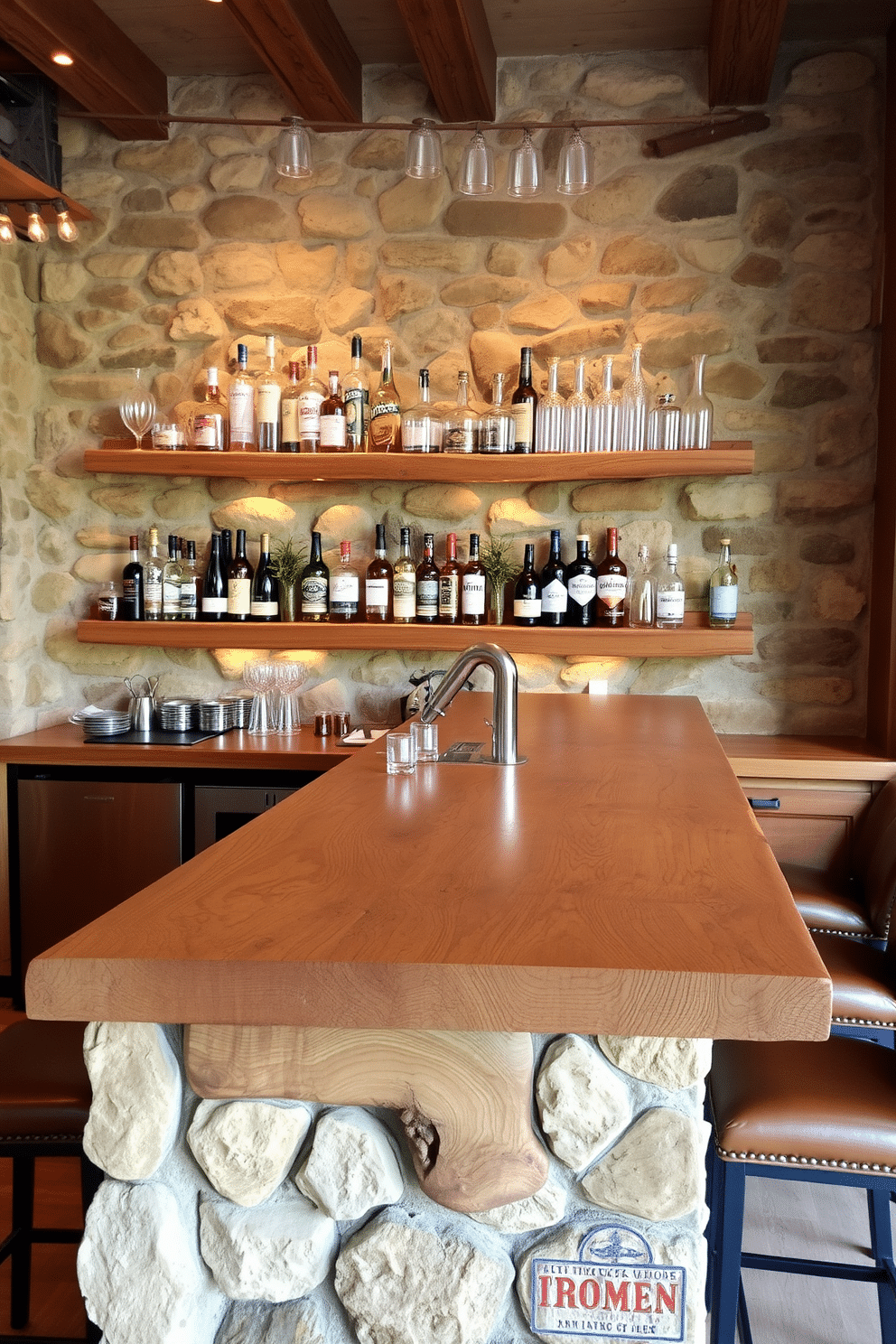 A rustic wood bar with stone accents features a handcrafted wooden countertop that showcases natural grains and knots. Behind the bar, exposed stone walls create a warm and inviting atmosphere, complemented by soft ambient lighting that highlights the textures. Stools with leather upholstery are arranged around the bar, providing a comfortable seating option for guests. Shelves above the bar display an assortment of glassware and artisanal spirits, enhancing the cozy, rustic charm of the space.