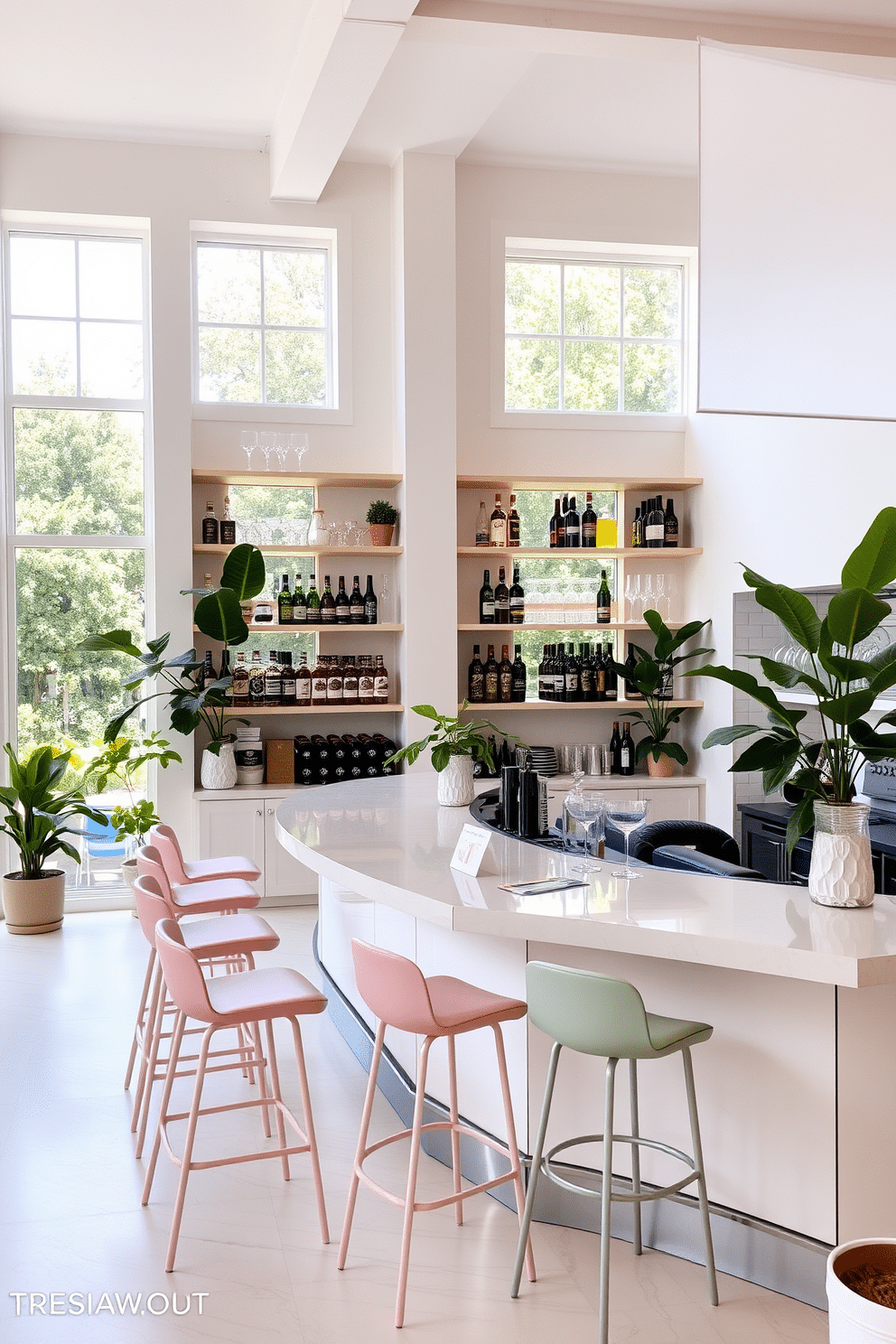 A bright and airy bar with large windows that allow natural light to flood the space. The walls are painted in a soft white, complemented by light wooden shelves holding an array of spirits and glassware. The bar counter features a sleek quartz surface with stylish bar stools in pastel colors. Potted plants are strategically placed around the room, adding a touch of greenery and enhancing the inviting atmosphere.