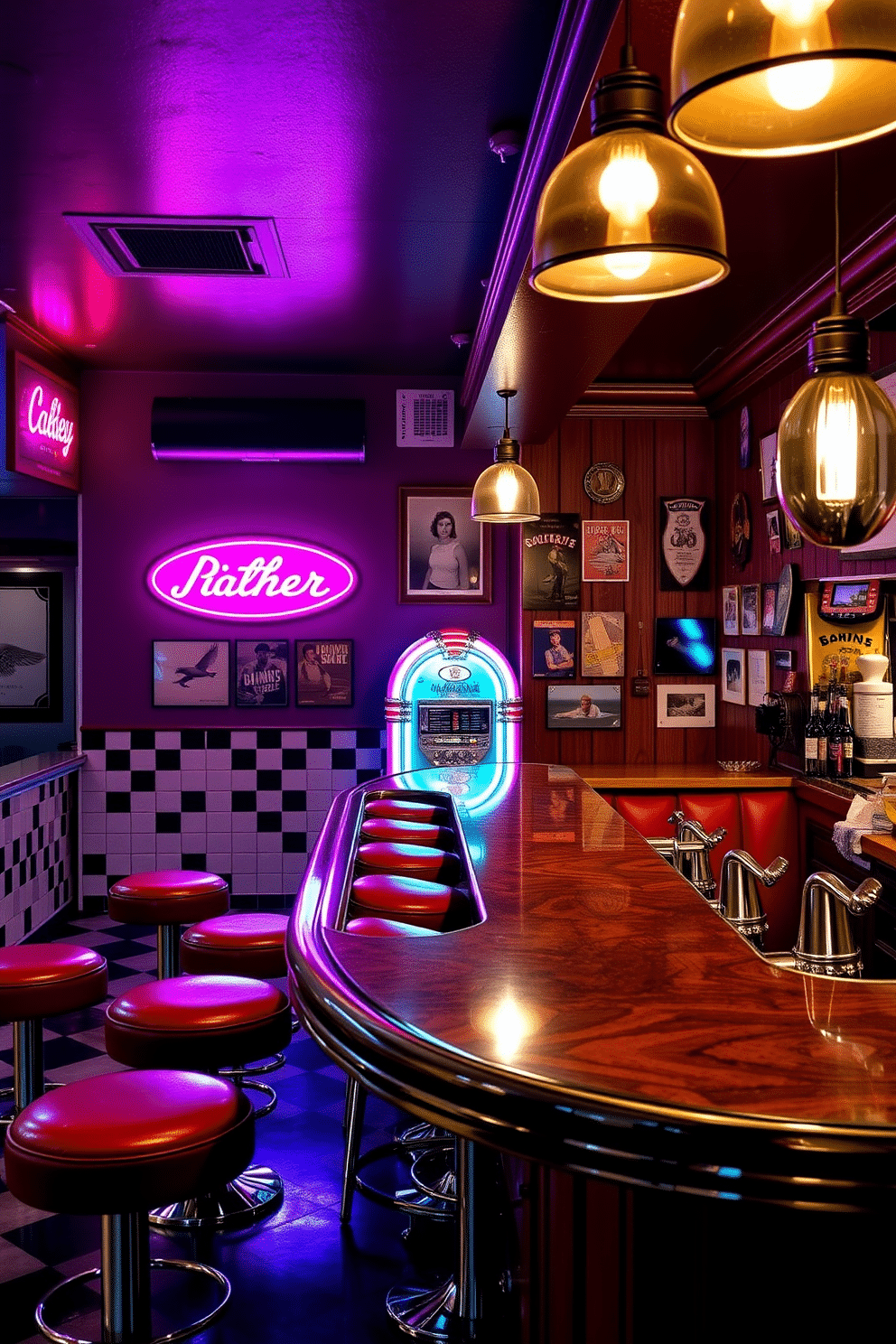 A retro diner-style bar features vibrant neon signs illuminating the space, with classic red vinyl stools lined up against a polished chrome counter. The walls are adorned with black-and-white checkered tiles, while a jukebox stands in the corner, adding to the nostalgic atmosphere. In this basement bar design, rich wooden paneling creates a warm, inviting ambiance, complemented by soft pendant lighting hanging above the bar area. A collection of vintage memorabilia and photographs decorates the walls, enhancing the retro theme while providing a perfect backdrop for gatherings.