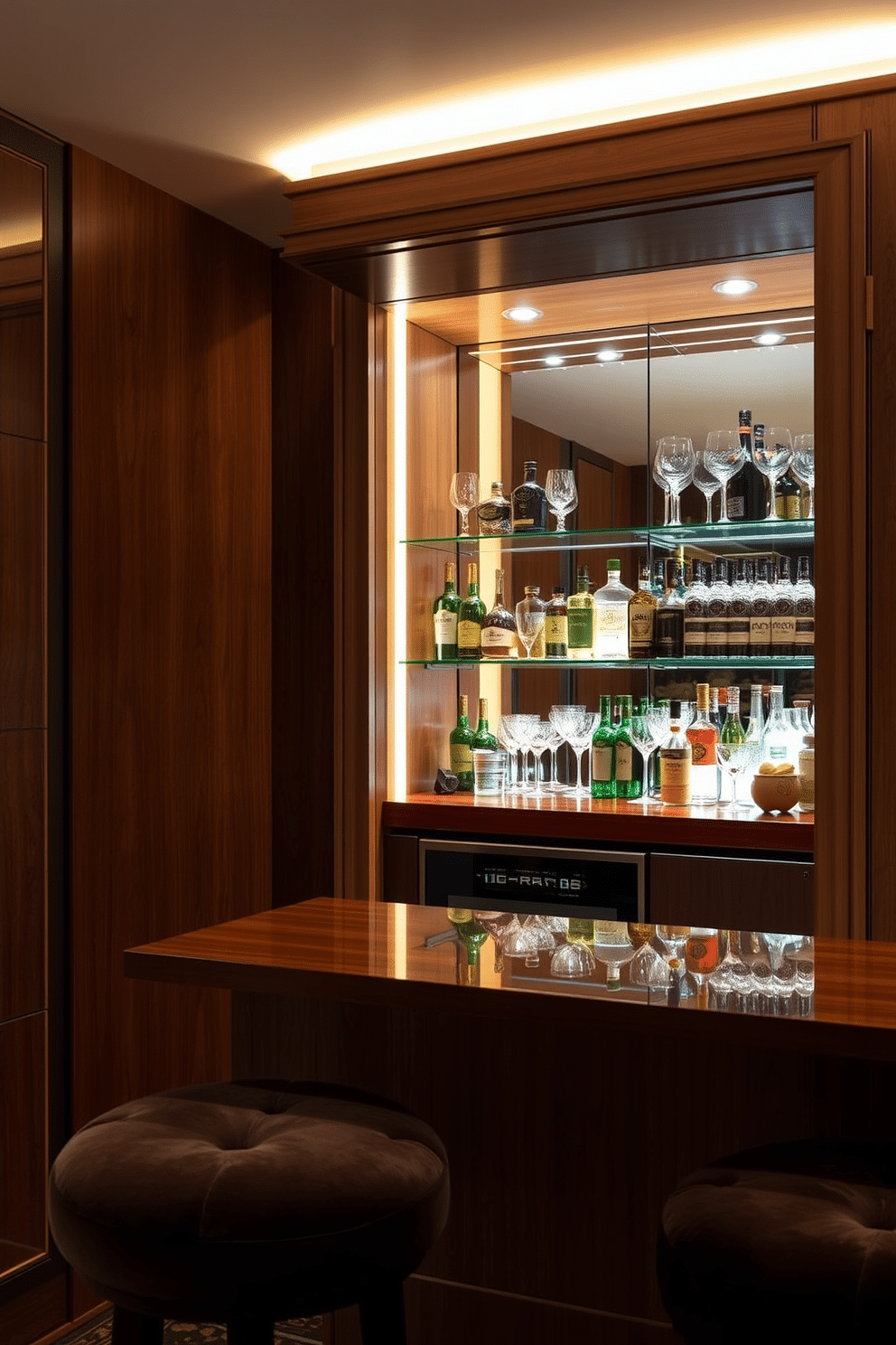 A hidden bar is cleverly concealed behind a false wall, featuring a sleek wooden door that blends seamlessly with the surrounding paneling. Inside, the bar showcases a rich mahogany countertop, illuminated by soft, ambient lighting that sets a warm and inviting atmosphere. The shelves are stocked with an array of premium spirits and glassware, elegantly displayed against a backdrop of mirrored panels. Plush seating options, like velvet bar stools, invite guests to relax and enjoy their drinks in this sophisticated underground retreat.