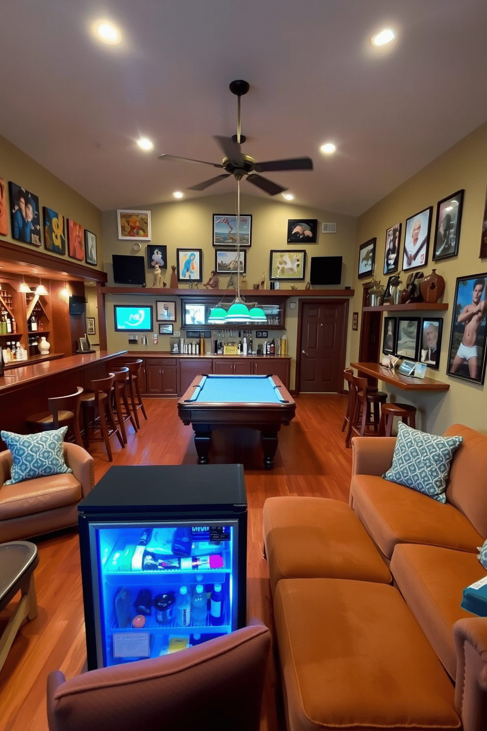 A vibrant family-friendly bar featuring a games area designed for fun and relaxation. The space includes a large wooden bar with high stools, a pool table in the center, and walls adorned with colorful artwork and family photos. In one corner, a cozy seating area with plush sofas invites conversation, while a well-stocked bar showcases an array of beverages. Soft lighting creates a warm atmosphere, and a mini-fridge is conveniently placed for easy access to snacks and drinks.