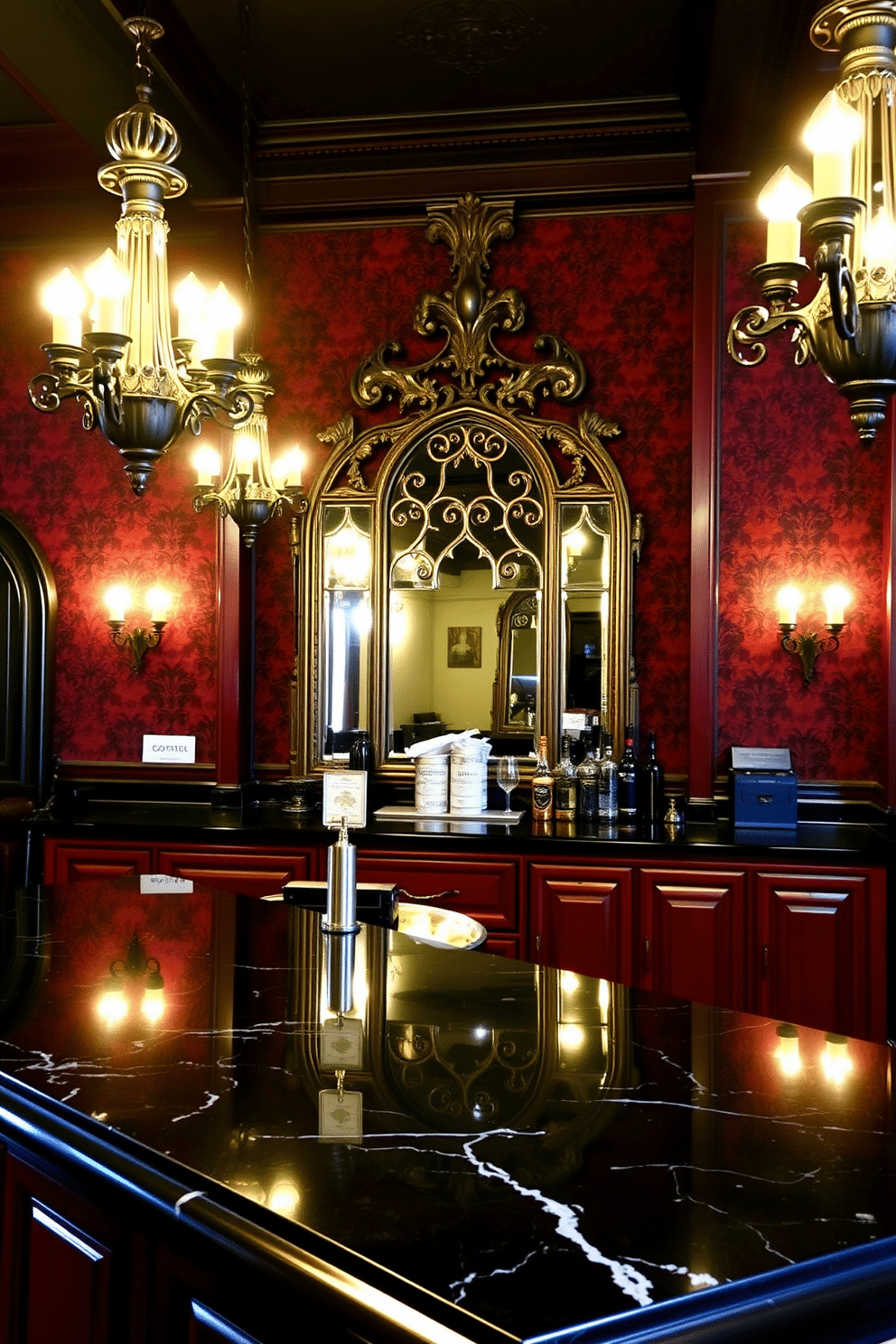 A Gothic-inspired bar with dark tones features rich mahogany cabinetry and a polished black granite countertop, illuminated by wrought iron chandeliers. The walls are adorned with deep burgundy wallpaper, and a vintage mirror with intricate detailing hangs behind the bar, reflecting the ambiance of dimly lit sconces.