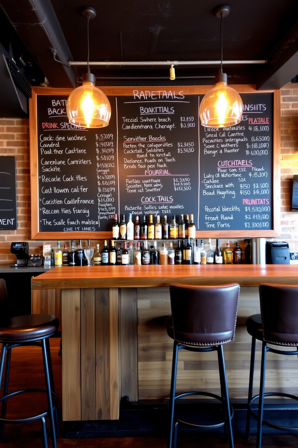 A stylish basement bar featuring a chalkboard menu wall that showcases a variety of drink specials and cocktails. The bar itself is made of reclaimed wood, complemented by high stools with leather upholstery and warm pendant lighting hanging overhead.