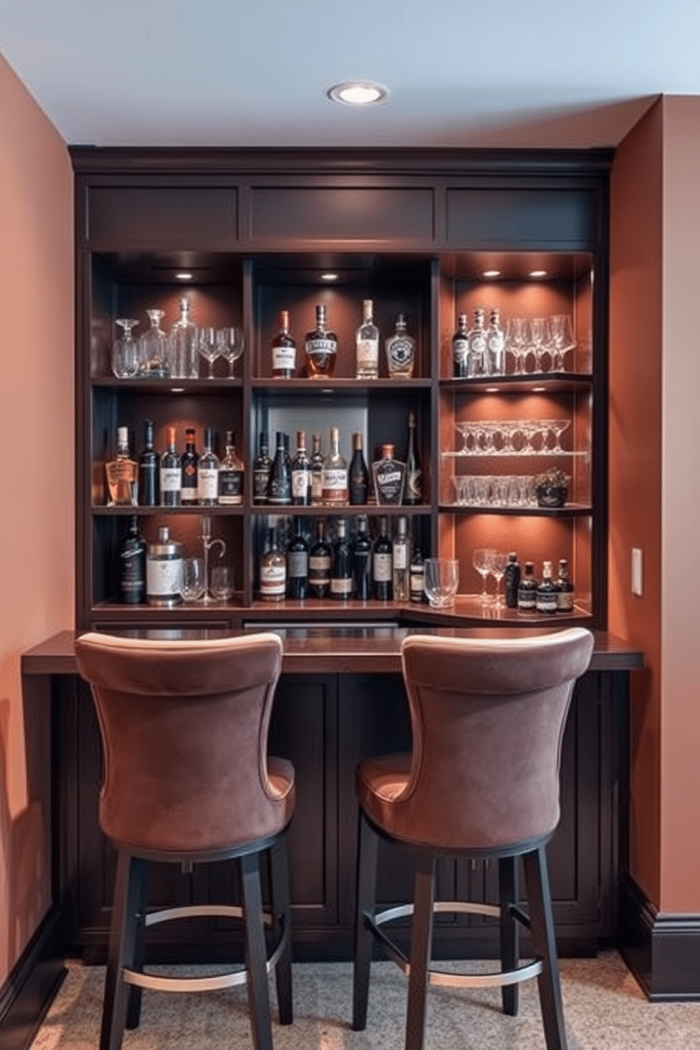 A stylish corner bar features a sleek, compact design that maximizes space while offering functionality. The bar is crafted from dark wood, with a polished countertop and minimalist shelves displaying an array of spirits and glassware. The walls are adorned with a warm, inviting color palette, complemented by ambient lighting that enhances the cozy atmosphere. A couple of high-backed stools with plush upholstery invite guests to sit and enjoy their favorite drinks in this chic basement retreat.