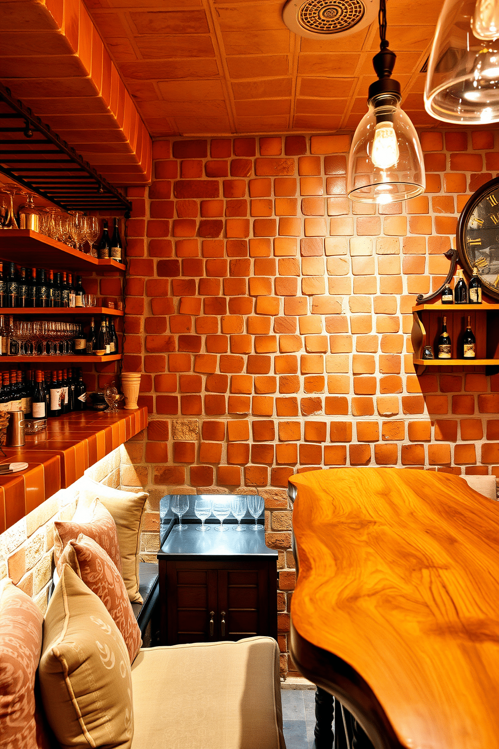 A Mediterranean-style bar features terracotta tiles that create a warm and inviting atmosphere. The bar area is adorned with rustic wooden shelves displaying an array of colorful glassware and local wines, complemented by wrought iron accents. In the basement, the design incorporates cozy seating with plush cushions and a handcrafted wooden bar top. Ambient lighting casts a soft glow, enhancing the earthy tones of the terracotta and creating a perfect space for entertaining guests.