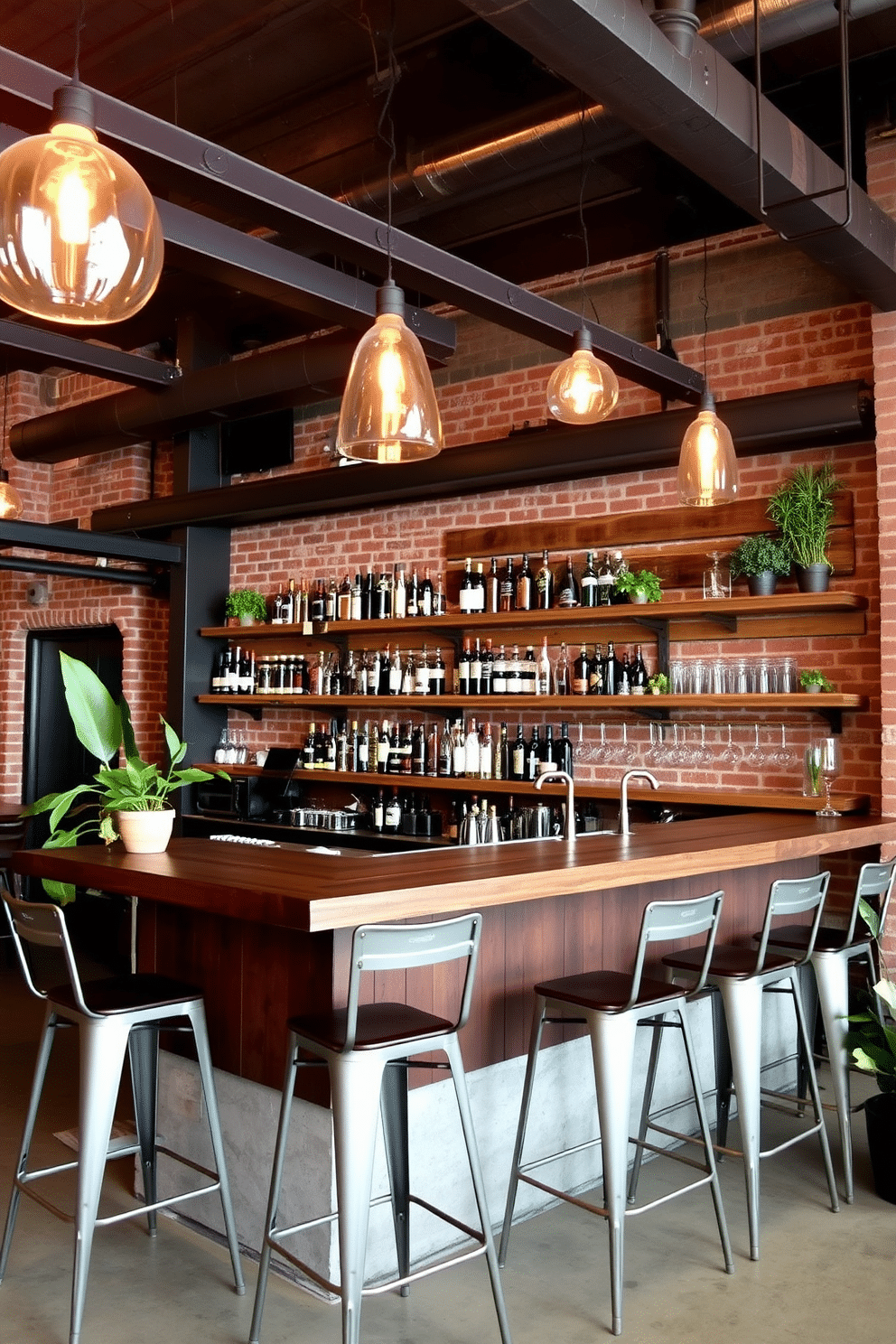 An industrial-style bar features a sleek, dark wooden countertop with a polished finish, complemented by high metal stools that have a minimalist design. Exposed brick walls and steel beams provide an authentic urban feel, while warm pendant lighting hangs overhead, casting a cozy glow across the space. The bar area is accented with shelves made of reclaimed wood, showcasing an array of spirits and glassware. A concrete floor adds to the industrial aesthetic, while strategically placed greenery brings a touch of life to the environment.