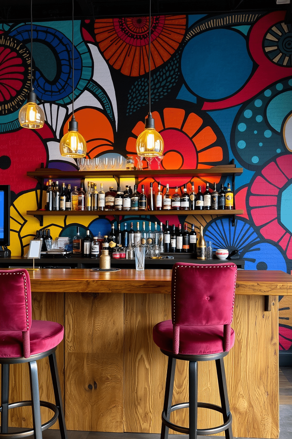 An artistic bar featuring a vibrant mural wall design that showcases abstract patterns and colors. The bar itself is crafted from reclaimed wood with a polished finish, complemented by high stools with cushioned seats in rich velvet. The lighting is ambient, with pendant lights hanging above the bar, casting a warm glow. Behind the bar, shelves display an array of spirits and glassware, framed by the eye-catching mural that adds character to the space.