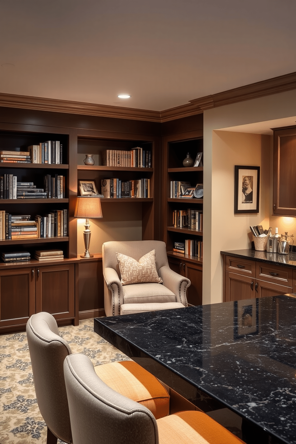 Cozy nook with built-in shelving. This inviting space features a plush armchair nestled in a corner, surrounded by custom-built shelves filled with books and decorative items. Basement Bar Design Ideas. The bar area boasts a sleek countertop made of dark granite, complemented by stylish bar stools and ambient lighting that creates a warm and welcoming atmosphere.