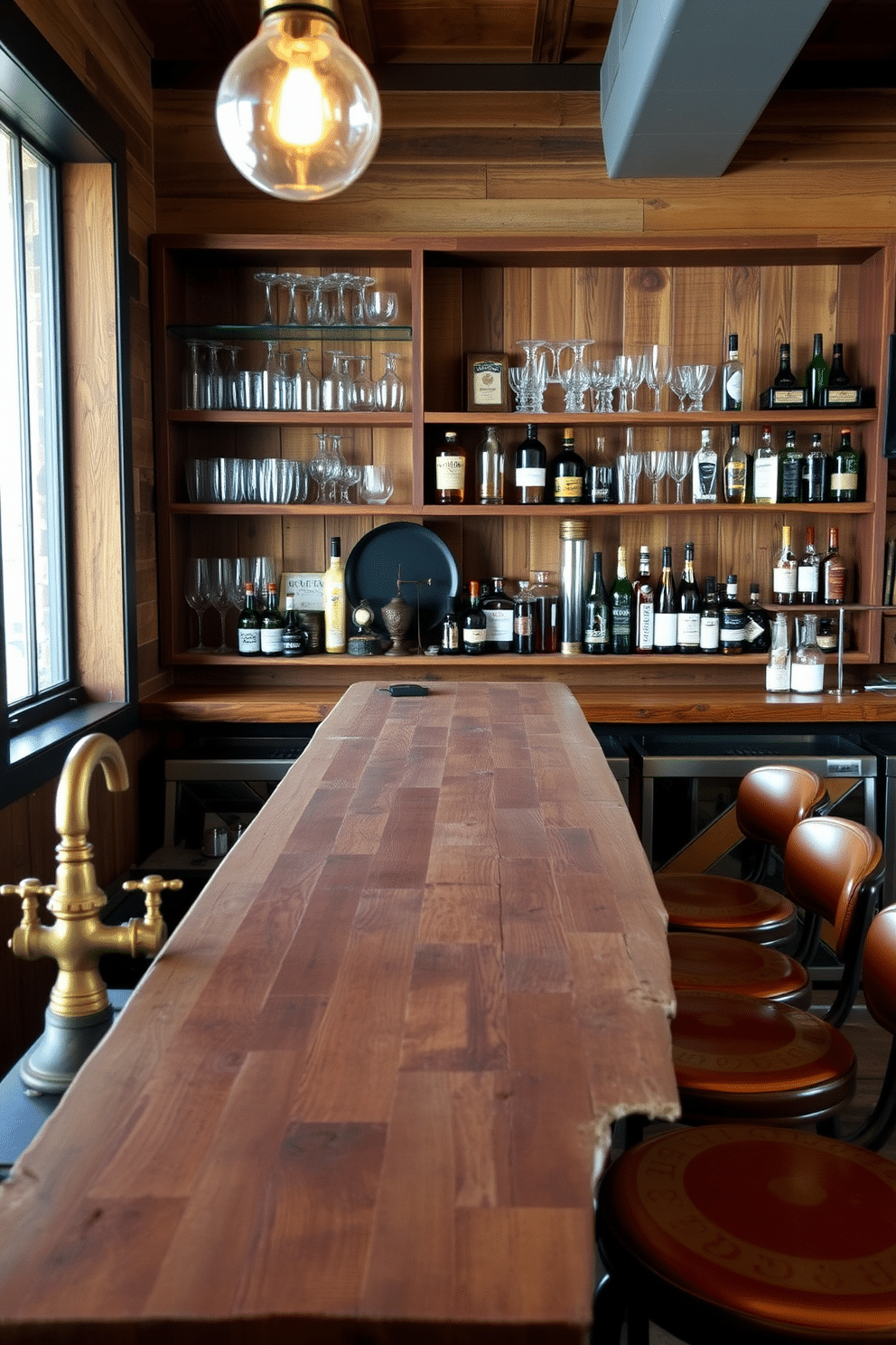 A vintage-inspired bar featuring reclaimed wood exudes warmth and character. The bar top is crafted from distressed wood, complemented by antique brass fixtures and retro-style bar stools. Behind the bar, shelves made from reclaimed wood display an array of vintage glassware and liquor bottles. The walls are adorned with rustic paneling, while soft, ambient lighting creates an inviting atmosphere for gatherings.