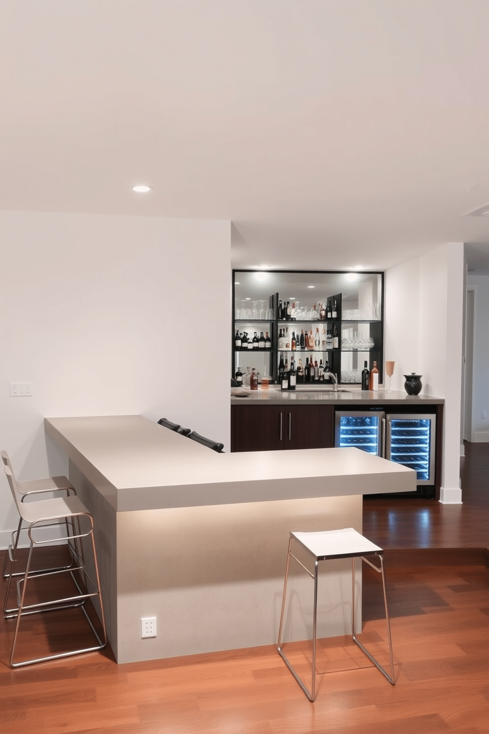 A minimalist bar with clean lines features a sleek, low-profile countertop made of polished concrete, complemented by minimalist bar stools with simple metal frames. The walls are painted in a soft white, and a few strategically placed LED lights highlight the bar's clean design, creating an inviting ambiance for gatherings. In the basement, the bar area is designed with an open layout, showcasing a built-in wine cooler and open shelving displaying an array of spirits and glassware. The flooring is a dark hardwood, providing a warm contrast to the light walls, while a large mirror behind the bar reflects the space, enhancing the feeling of openness.