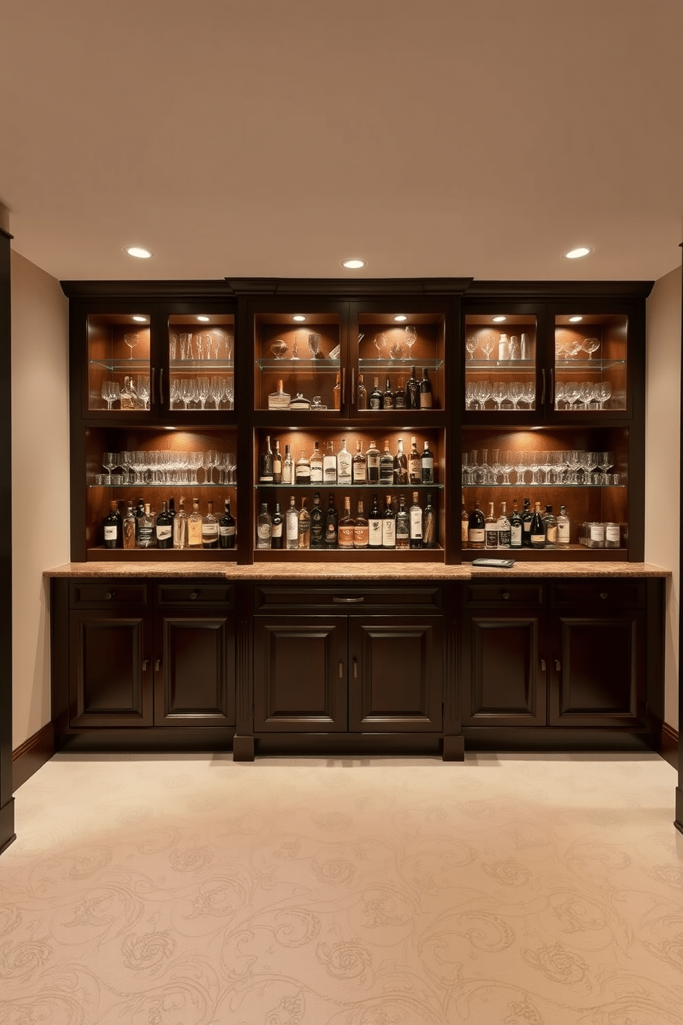 A classic basement bar design featuring rich dark wood cabinetry with elegant glass shelves that showcase an array of fine spirits and glassware. The space is illuminated by soft, ambient lighting that highlights the intricate woodwork and creates a warm, inviting atmosphere.