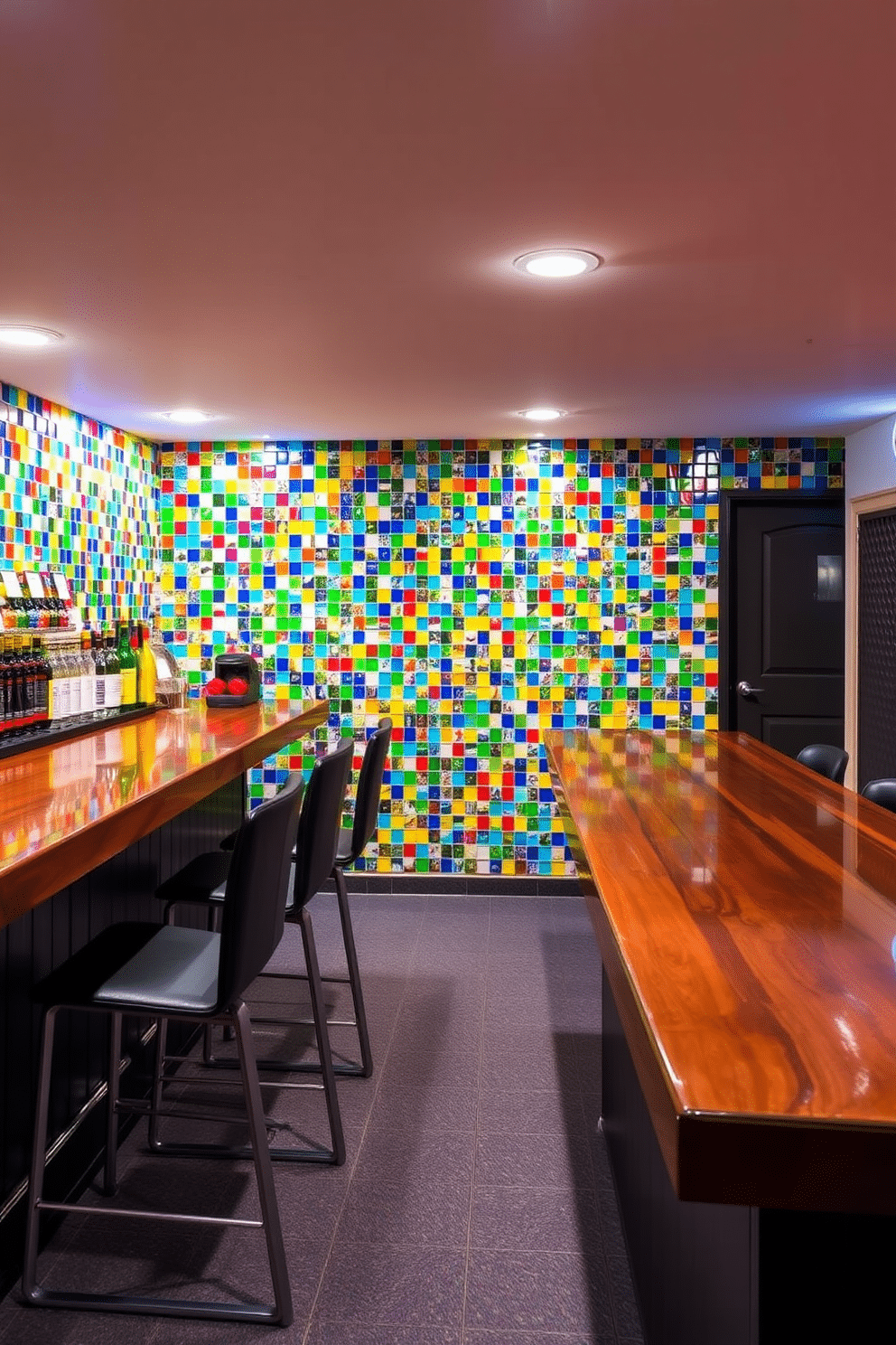 A vibrant basement bar features a stunning backdrop of colorful mosaic tiles that create a lively and inviting atmosphere. The bar is equipped with sleek, modern stools and a polished wooden countertop, providing a perfect space for entertaining guests.