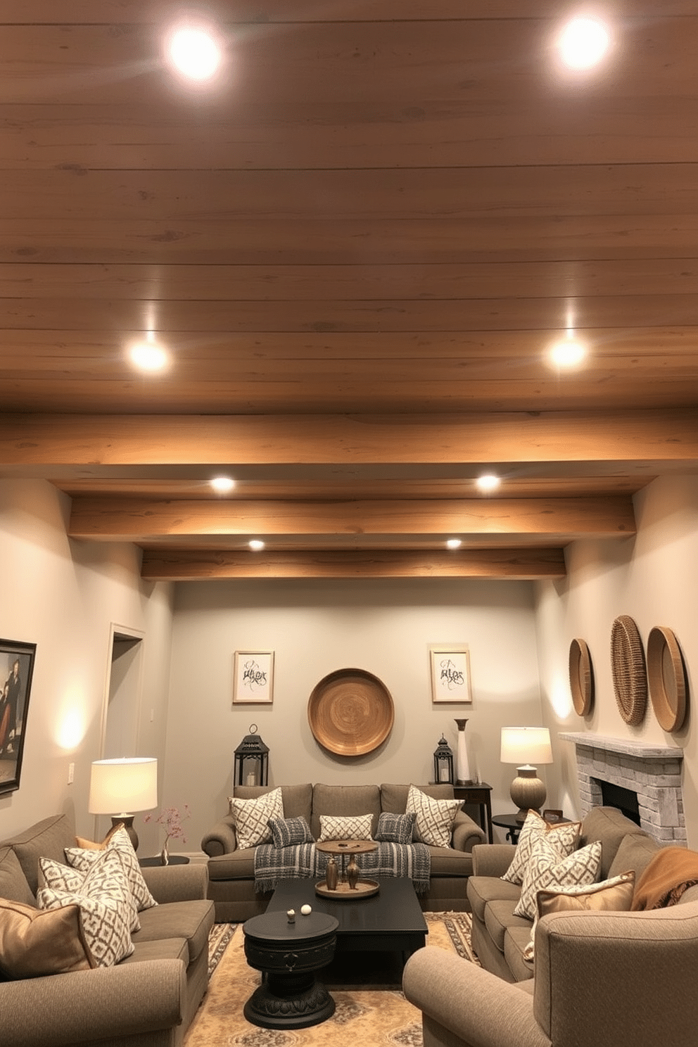 A cozy basement retreat featuring exposed wooden beams that add rustic charm to the space. The ceiling showcases a combination of natural wood finishes and soft, ambient lighting that enhances the warm atmosphere. The walls are painted in a soft, earthy tone, creating a harmonious backdrop for the wooden elements. Plush seating arrangements with textured fabrics invite relaxation, while decorative accents like vintage lanterns and woven baskets provide a touch of character.