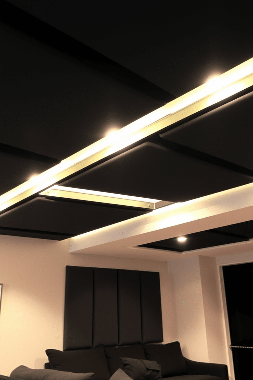 A modern basement ceiling featuring sleek acoustic panels designed for optimal sound absorption. The panels are arranged in a geometric pattern, complemented by recessed lighting that enhances the overall ambiance of the space. The ceiling has a matte black finish that contrasts beautifully with the light-colored walls, creating a sophisticated look. Plush, comfortable seating is arranged below, inviting relaxation while effectively minimizing noise.