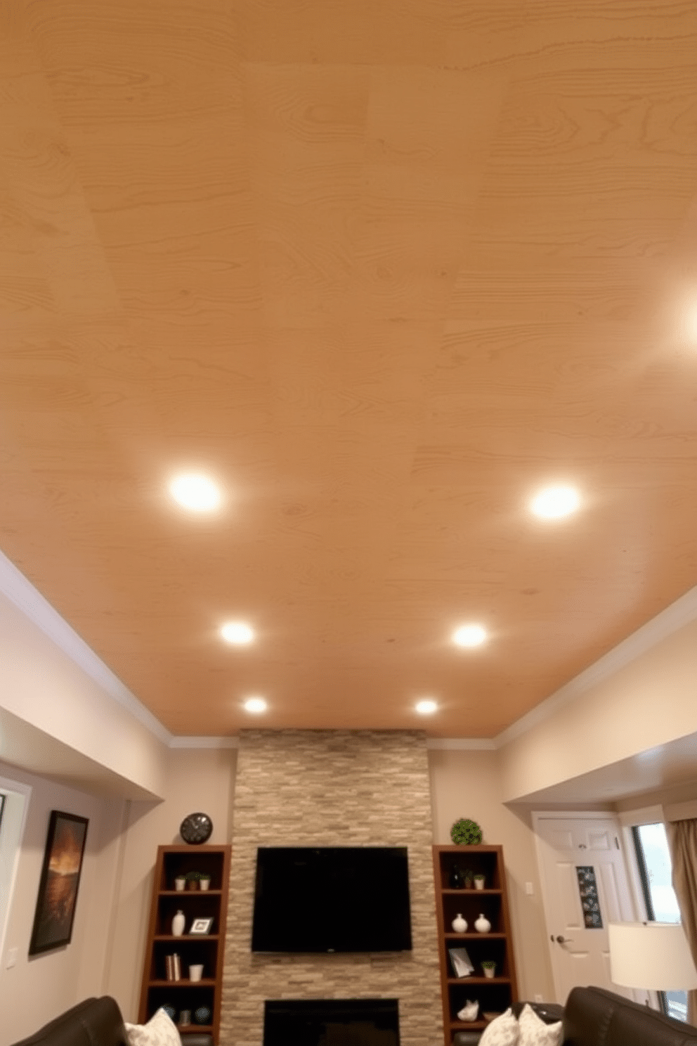 A budget-friendly plywood ceiling creates a warm and inviting atmosphere in the basement, enhancing the overall aesthetic with its natural texture. The ceiling features exposed beams that add character, while recessed lighting provides ample illumination for the space. Incorporating a plywood ceiling design can also help to visually elevate the height of the basement, making it feel more spacious and airy. The use of light-colored plywood can brighten the room, complementing the surrounding decor and furnishings.