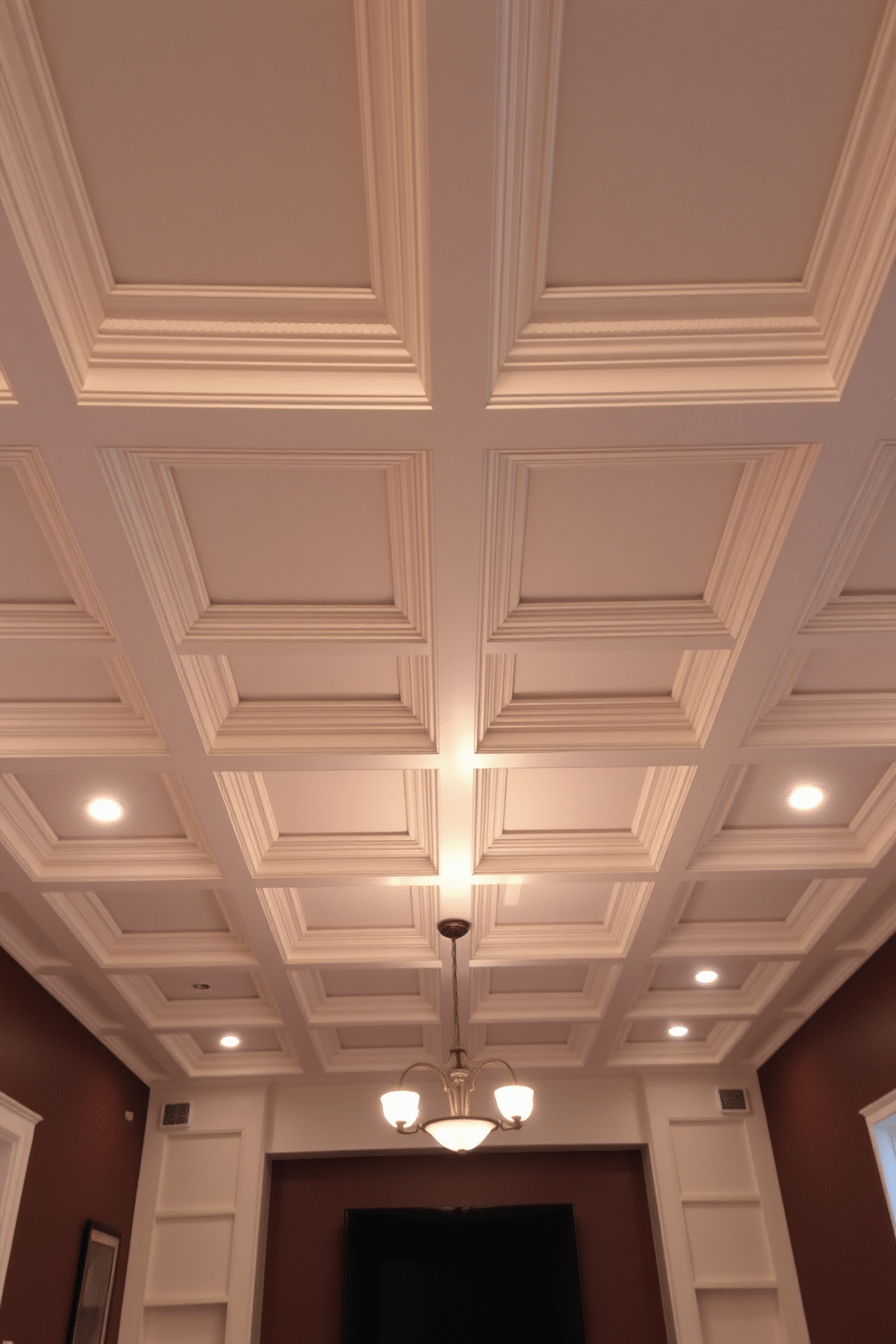 A faux coffered ceiling adds an elegant touch to the basement, creating a sense of depth and sophistication. The design features a grid of recessed panels painted in a soft white, enhancing the room's height while providing visual interest. Incorporate warm recessed lighting within the coffered sections to create an inviting atmosphere. The walls are painted in a rich, deep color to contrast beautifully with the light ceiling, making the space feel cozy yet expansive.