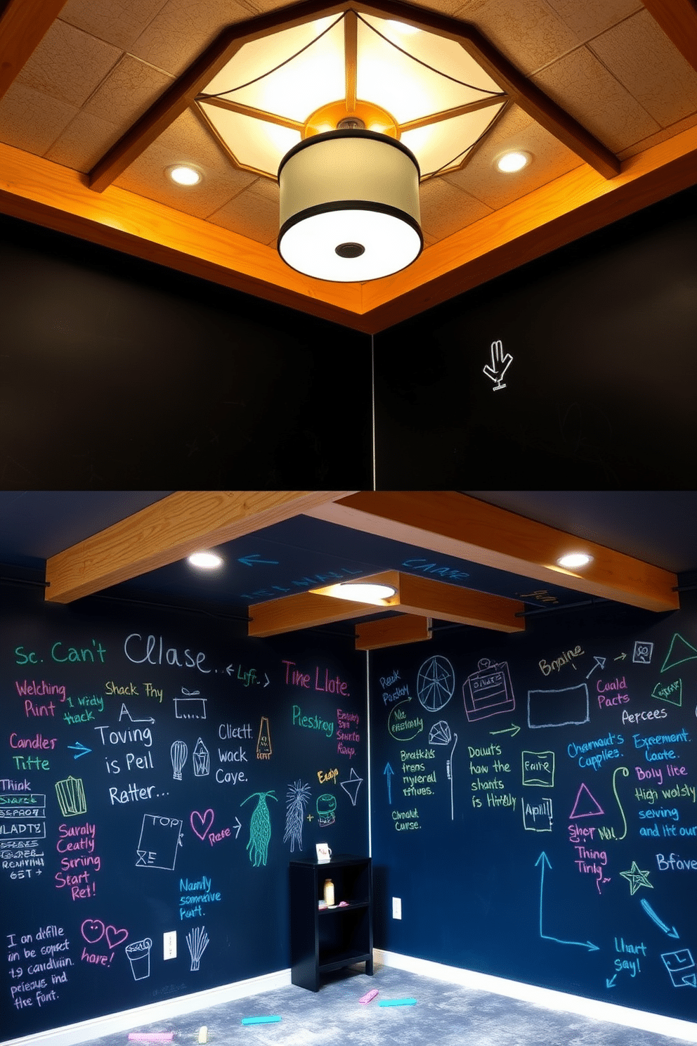 A playful and inspiring space featuring chalkboard paint on the walls, allowing for endless creative expression and customization. The room is filled with colorful chalk drawings and notes, complemented by bright lighting that enhances the artistic vibe. An innovative basement ceiling design that incorporates recessed lighting and wooden beams for a warm, inviting atmosphere. The ceiling features a unique pattern that adds visual interest, while soundproofing materials ensure a quiet retreat for leisure activities.