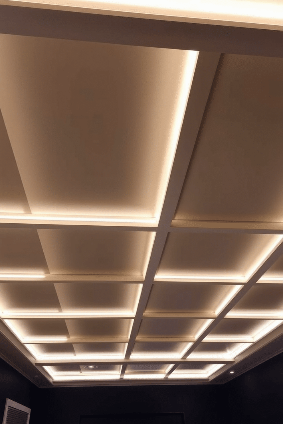 A modern basement ceiling design featuring sleek LED strip lighting that creates a warm and inviting ambiance. The ceiling showcases a combination of recessed lights and illuminated panels, providing both functionality and aesthetic appeal. Incorporate a coffered ceiling with a matte finish, complemented by soft LED strips along the edges for a dramatic effect. The use of dark colors enhances the cozy atmosphere while the lighting adds depth to the architectural elements.